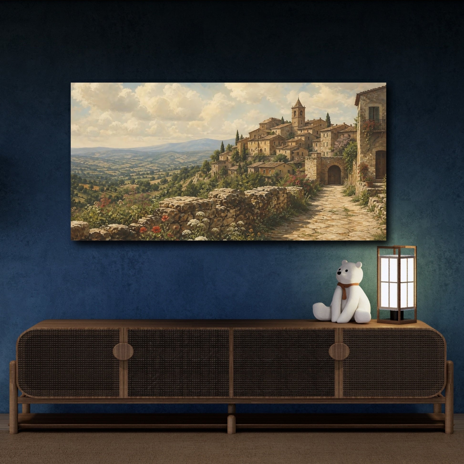 Mockup 4. Nature Hilltop Village Tuscan Village Landscape shown as stretched canvas wall art