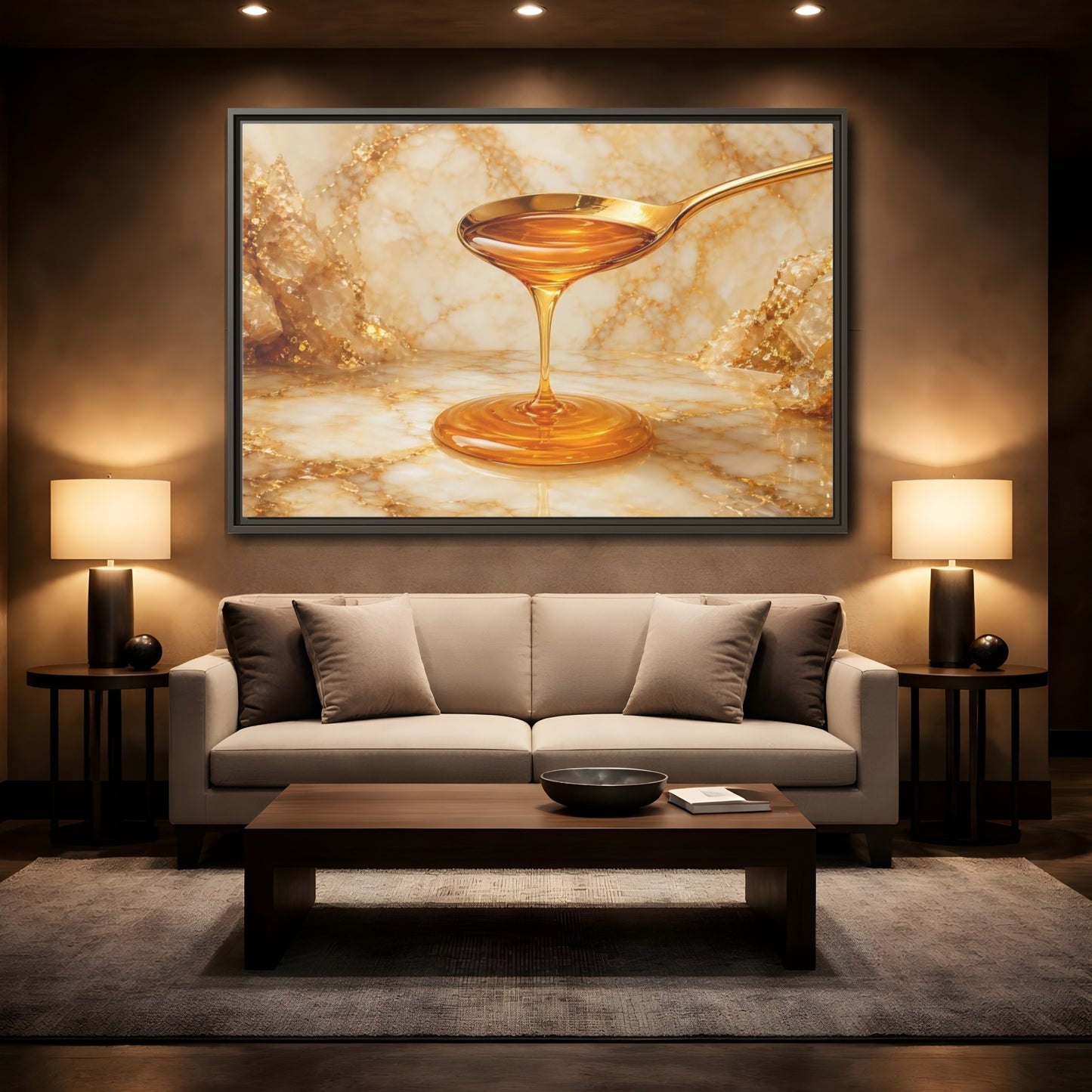 Mockup 2. Nature Honey Drip Gold And Marble shown as stretched canvas wall art