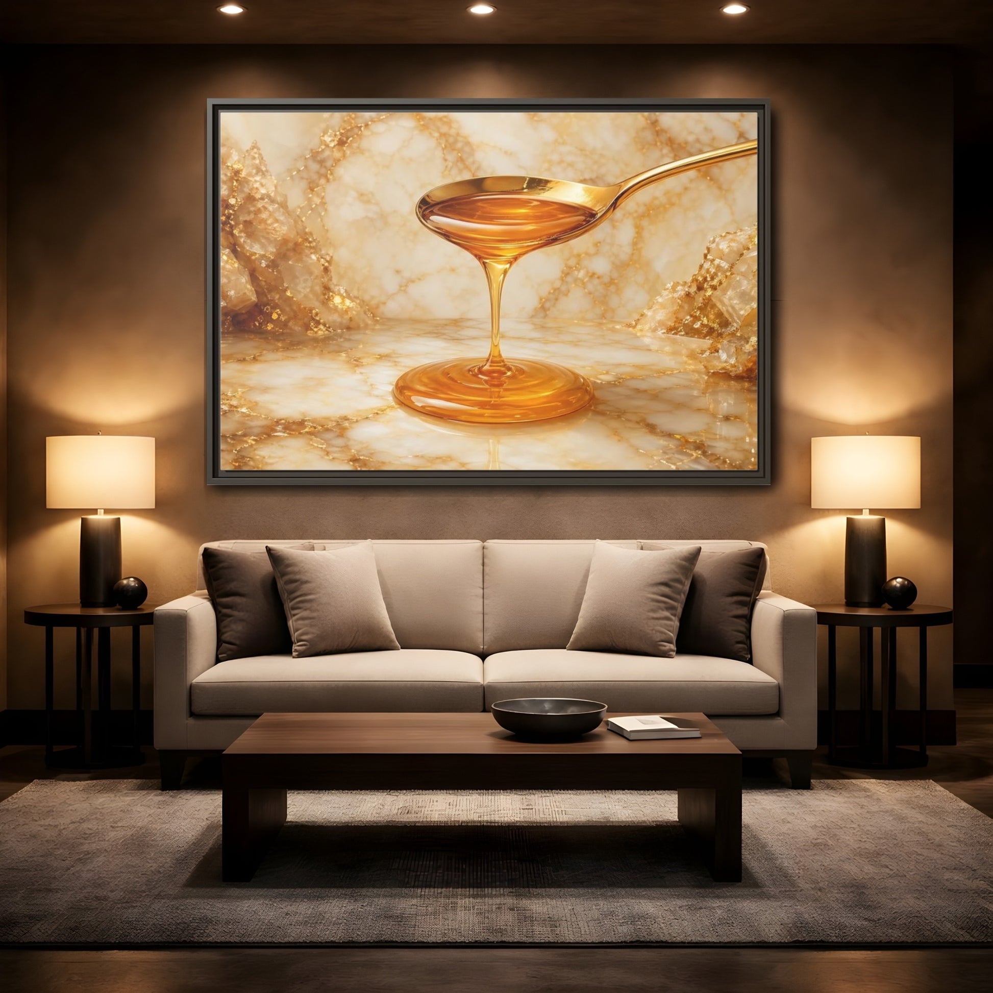 Mockup 2. Nature Honey Drip Gold And Marble shown as stretched canvas wall art