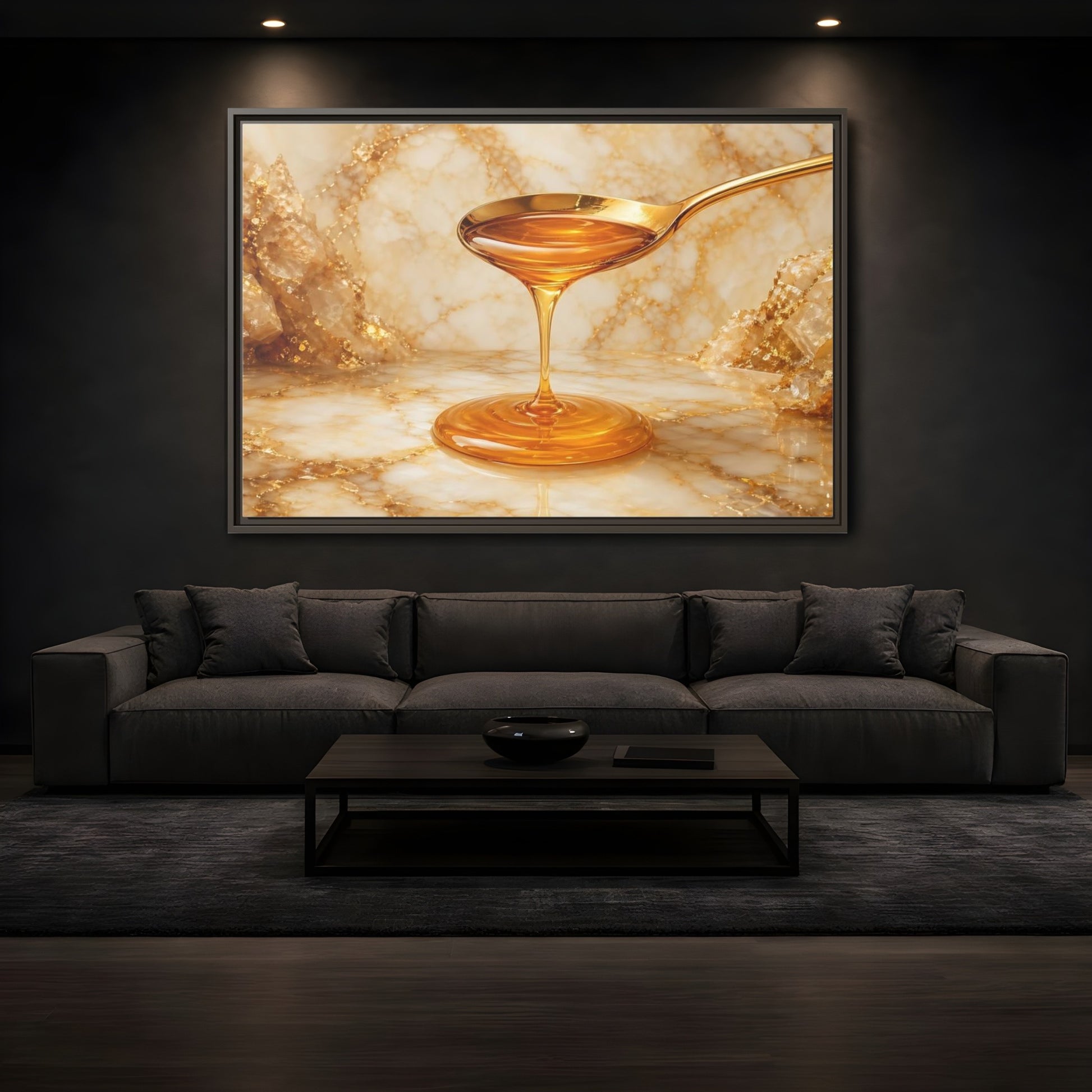 Mockup 3. Nature Honey Drip Gold And Marble shown as stretched canvas wall art