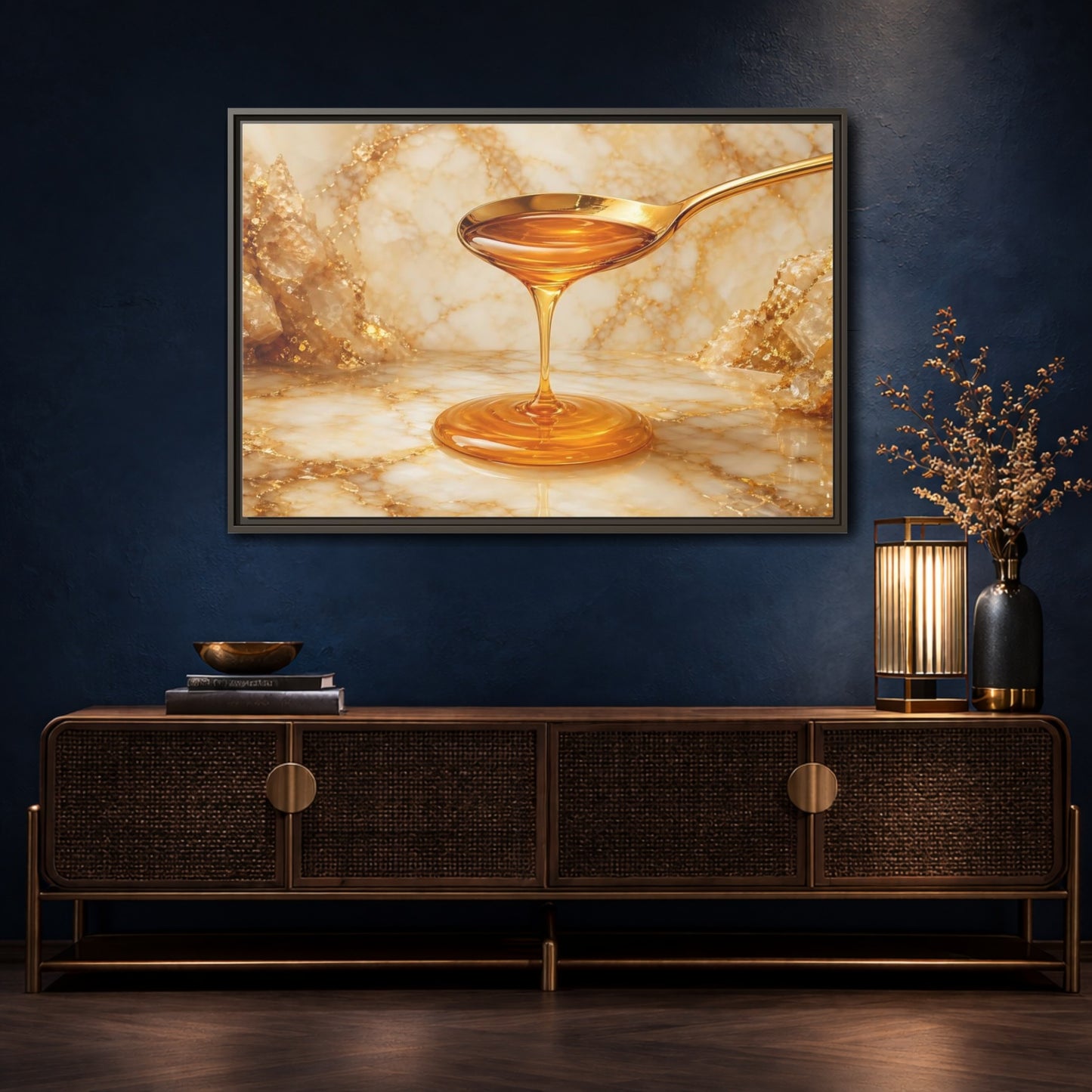 Mockup 4. Nature Honey Drip Gold And Marble shown as stretched canvas wall art