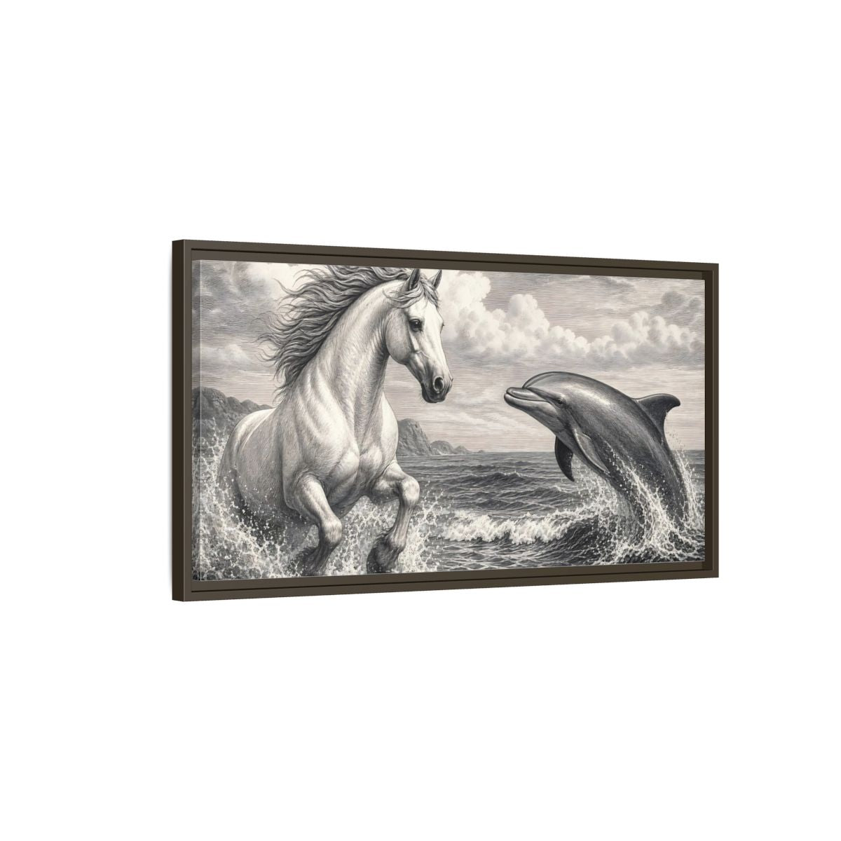 Main Mockup. Nature Horse Dolphin Monochrome shown as stretched canvas wall art