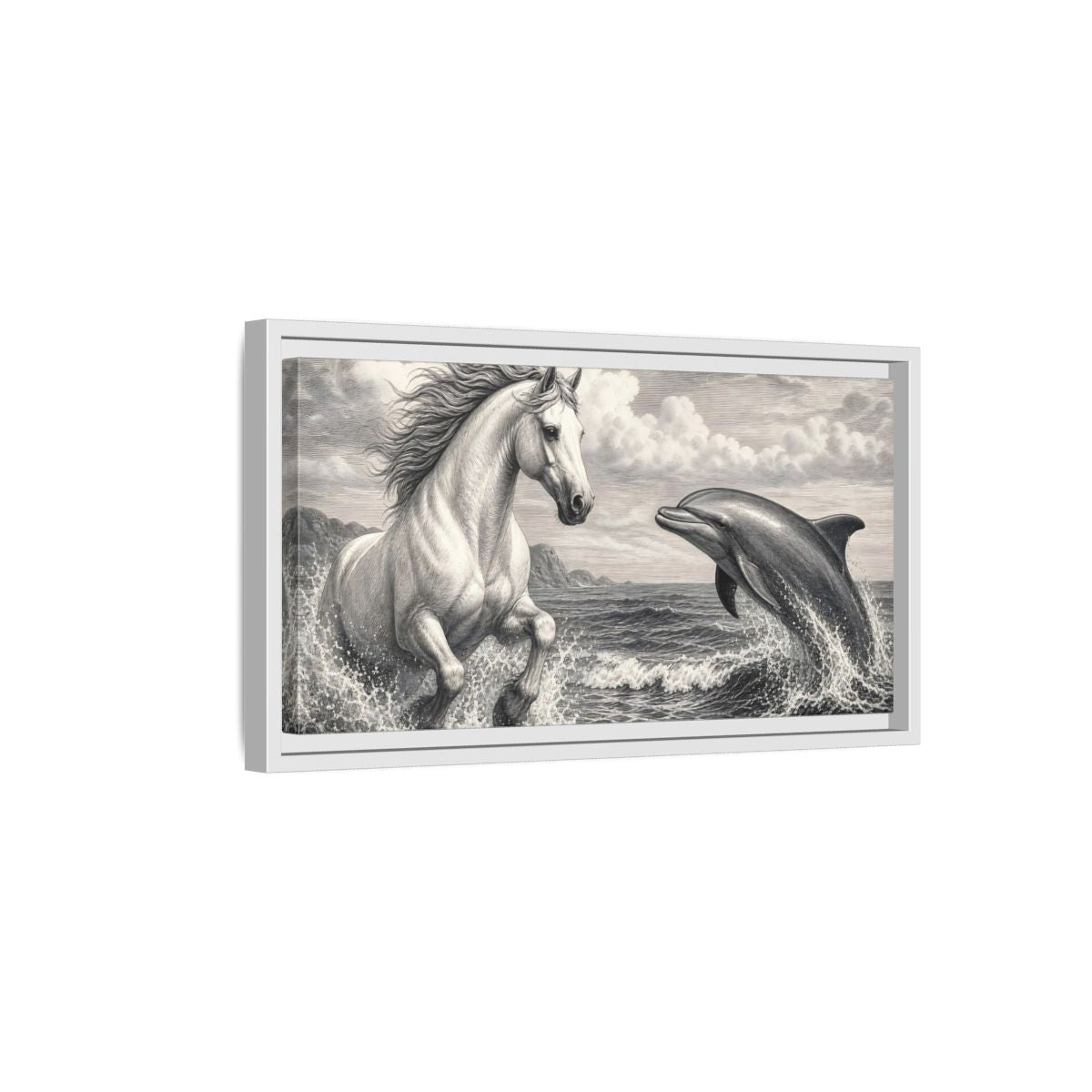 Side Mockup 6. Nature Horse Dolphin Monochrome shown as stretched canvas wall art