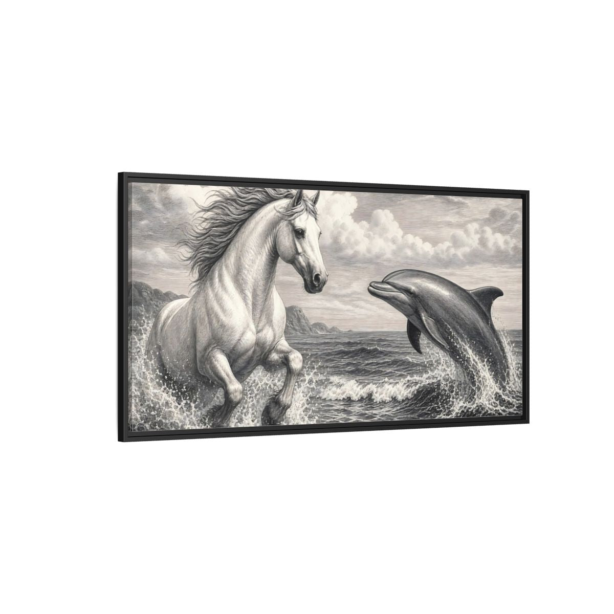 Side Mockup 5. Nature Horse Dolphin Monochrome shown as stretched canvas wall art