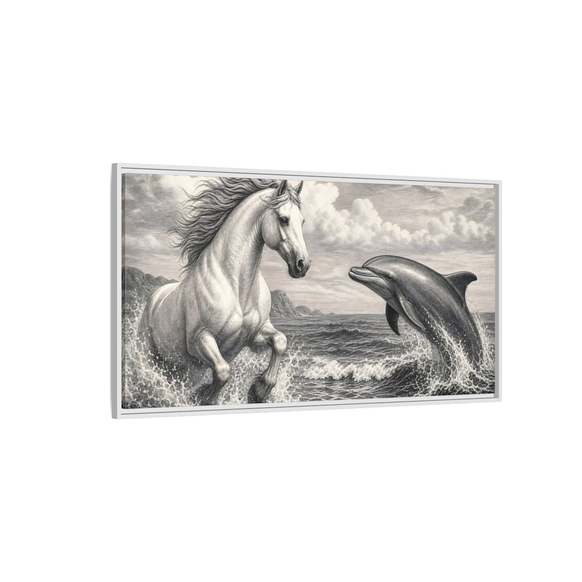 Side Mockup 3. Nature Horse Dolphin Monochrome shown as stretched canvas wall art