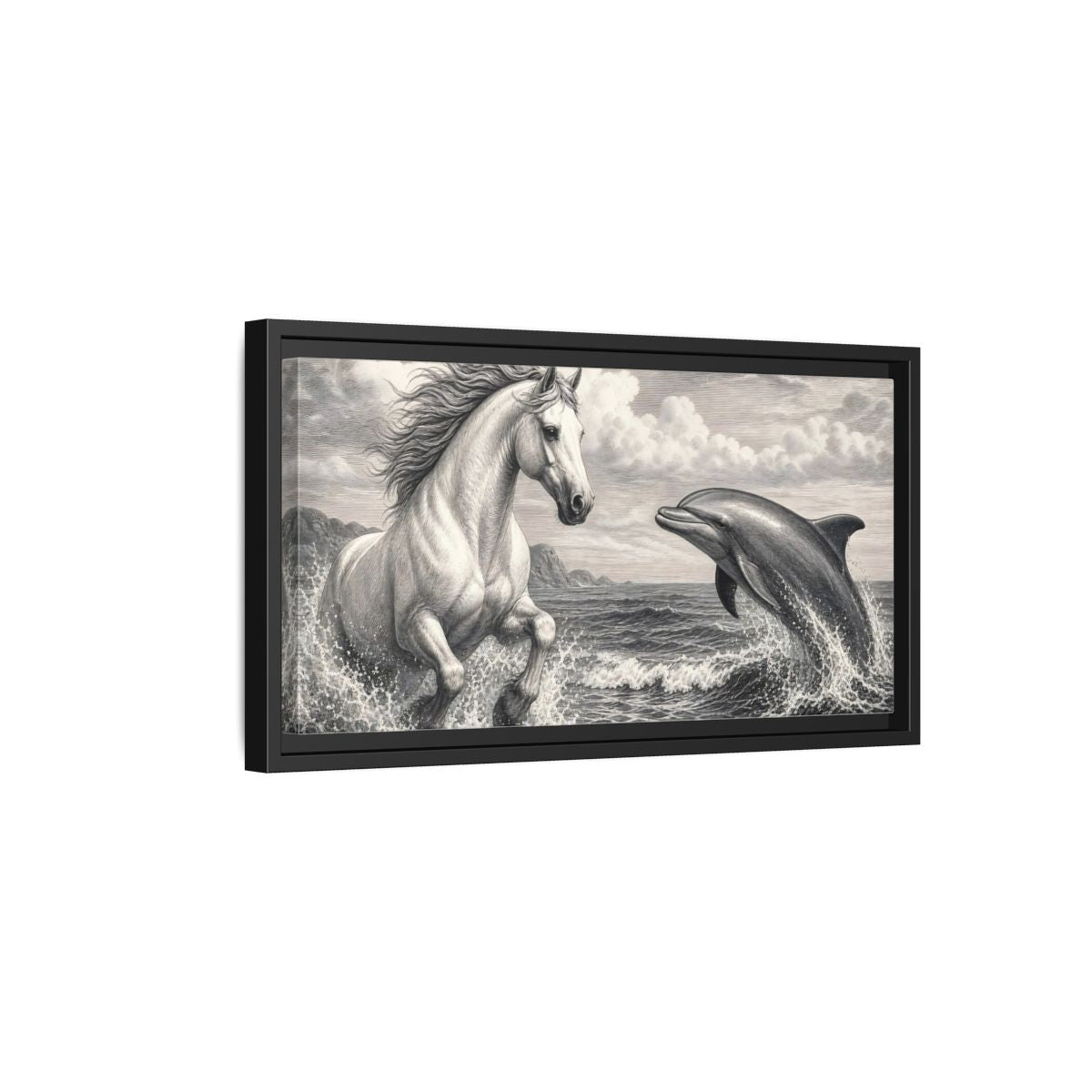 Side Mockup 8. Nature Horse Dolphin Monochrome shown as stretched canvas wall art