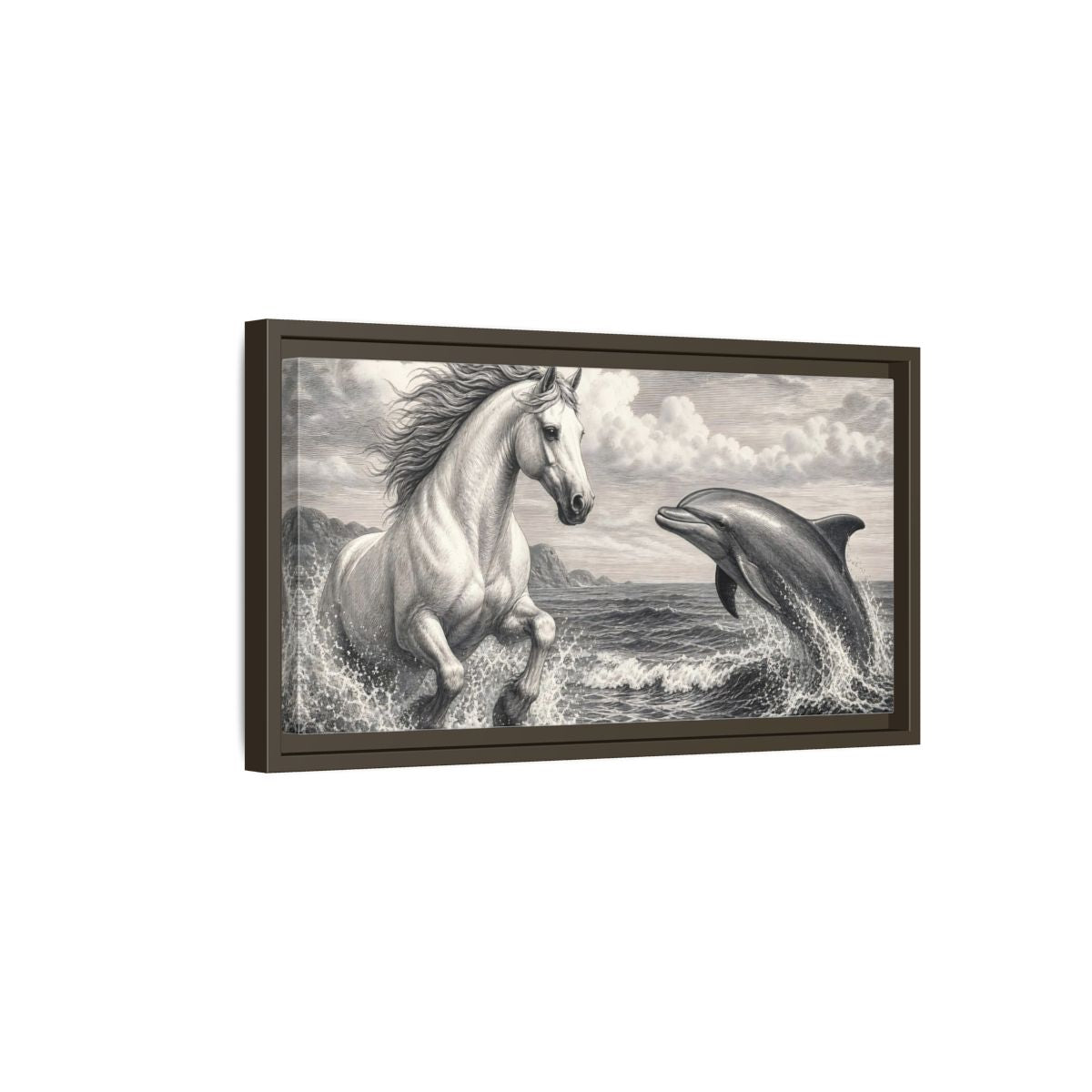 Side Mockup 7. Nature Horse Dolphin Monochrome shown as stretched canvas wall art