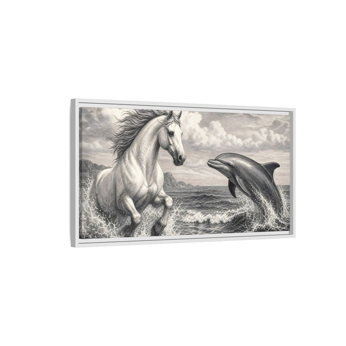 Side Mockup 1. Nature Horse Dolphin Monochrome shown as stretched canvas wall art