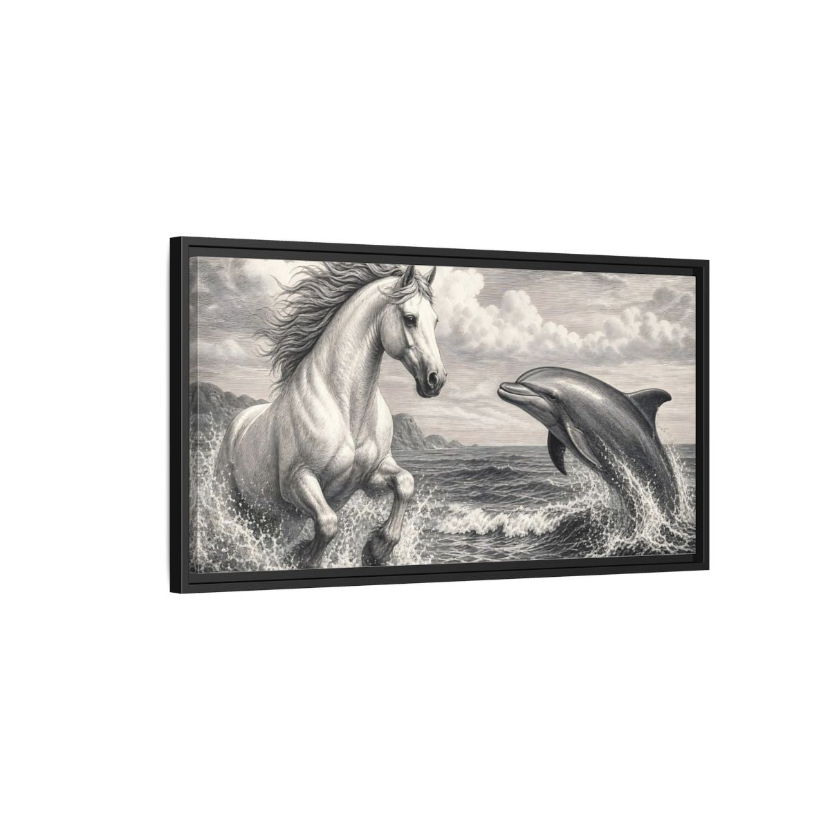 Side Mockup 2. Nature Horse Dolphin Monochrome shown as stretched canvas wall art