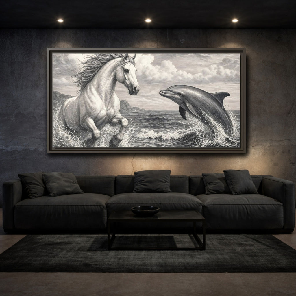 Mockup 2. Nature Horse Dolphin Monochrome shown as stretched canvas wall art