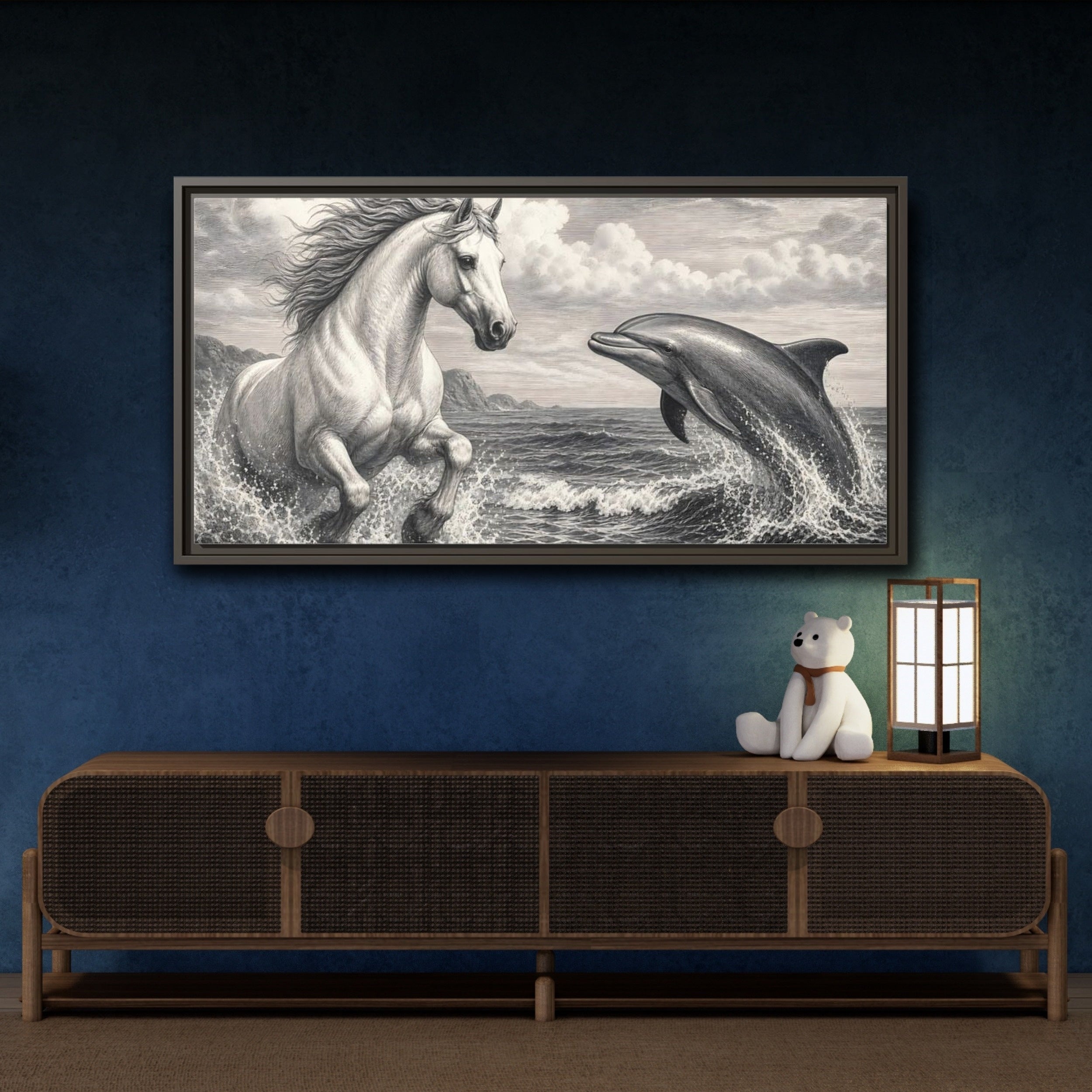 Mockup 4. Nature Horse Dolphin Monochrome shown as stretched canvas wall art