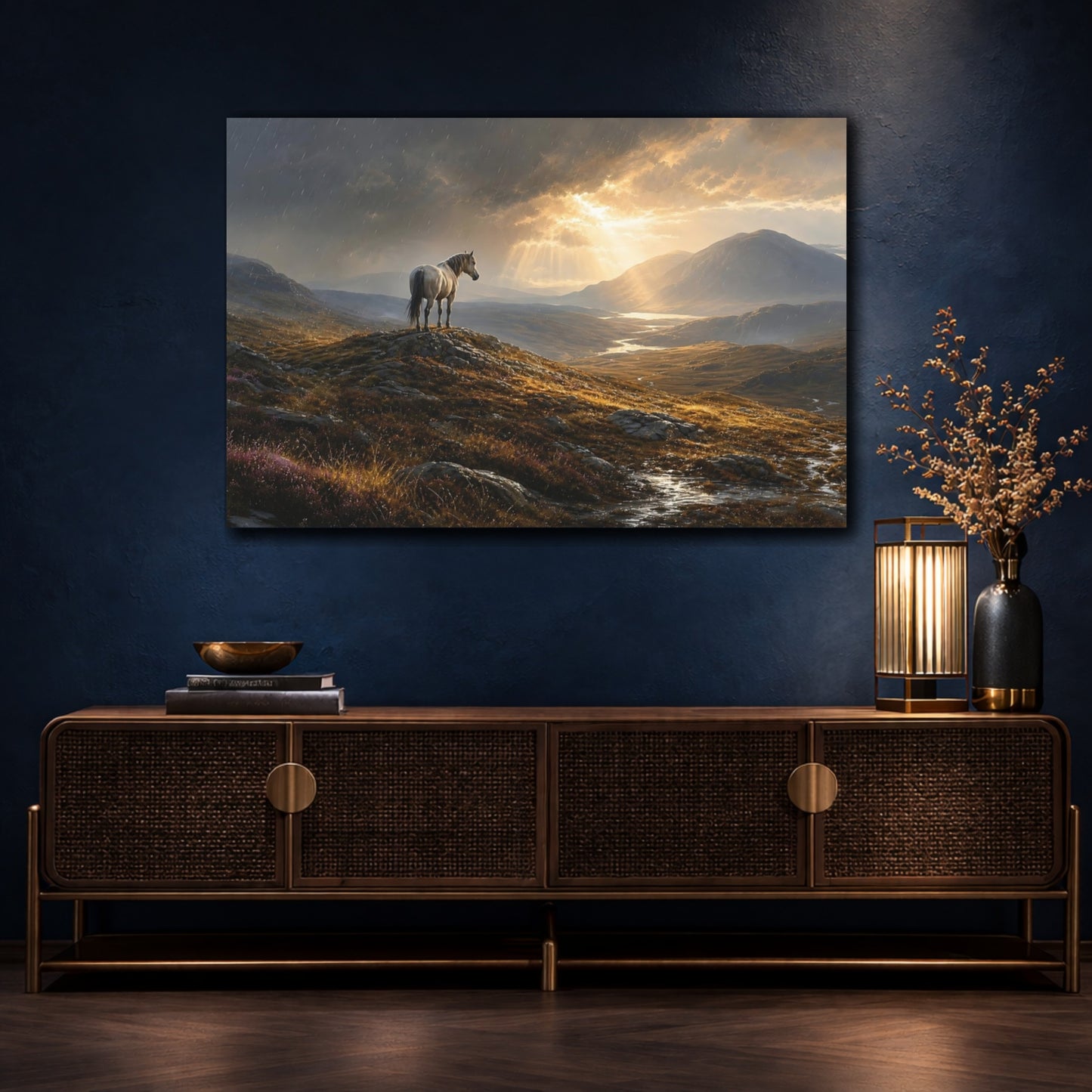 Mockup 4. Nature Horse Golden Brown Landscape shown as stretched canvas wall art