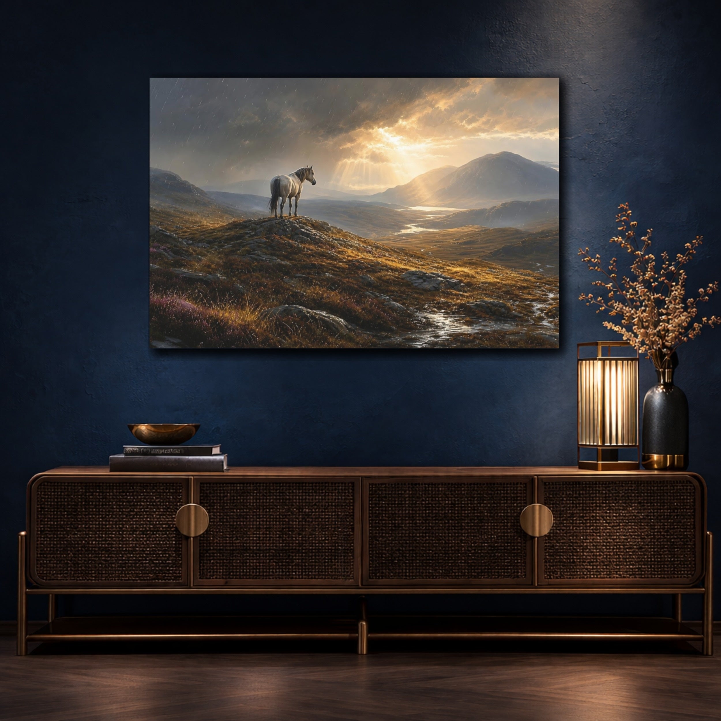 Mockup 4. Nature Horse Golden Brown Landscape shown as stretched canvas wall art