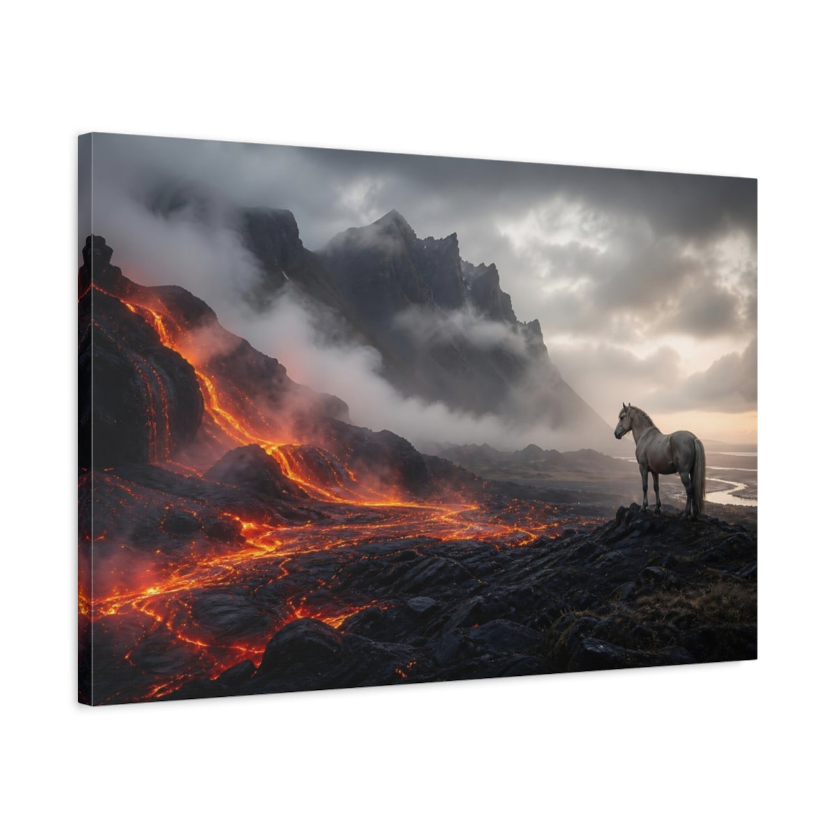 Side Mockup 2. Nature Horse, Lava Orange And Gray shown as stretched canvas wall art