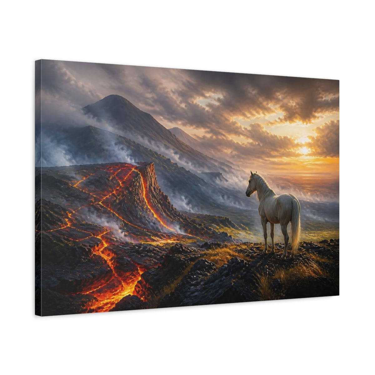 Side Mockup 2. Nature Horse, Volcano Orange And Black shown as stretched canvas wall art