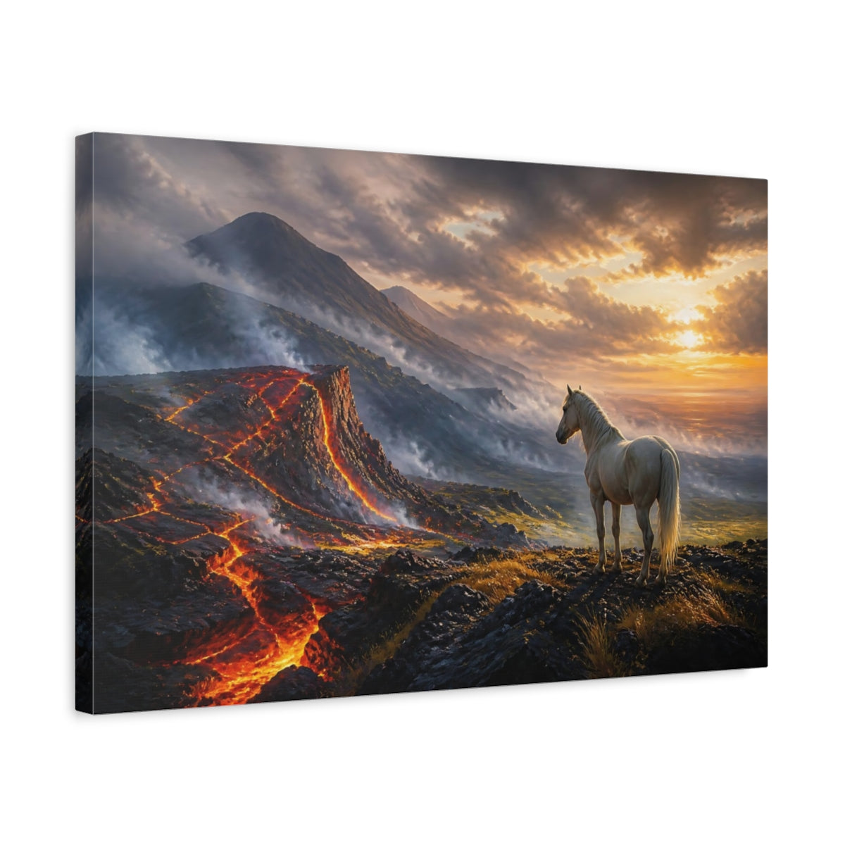 Side Mockup 3. Nature Horse, Volcano Orange And Black shown as stretched canvas wall art