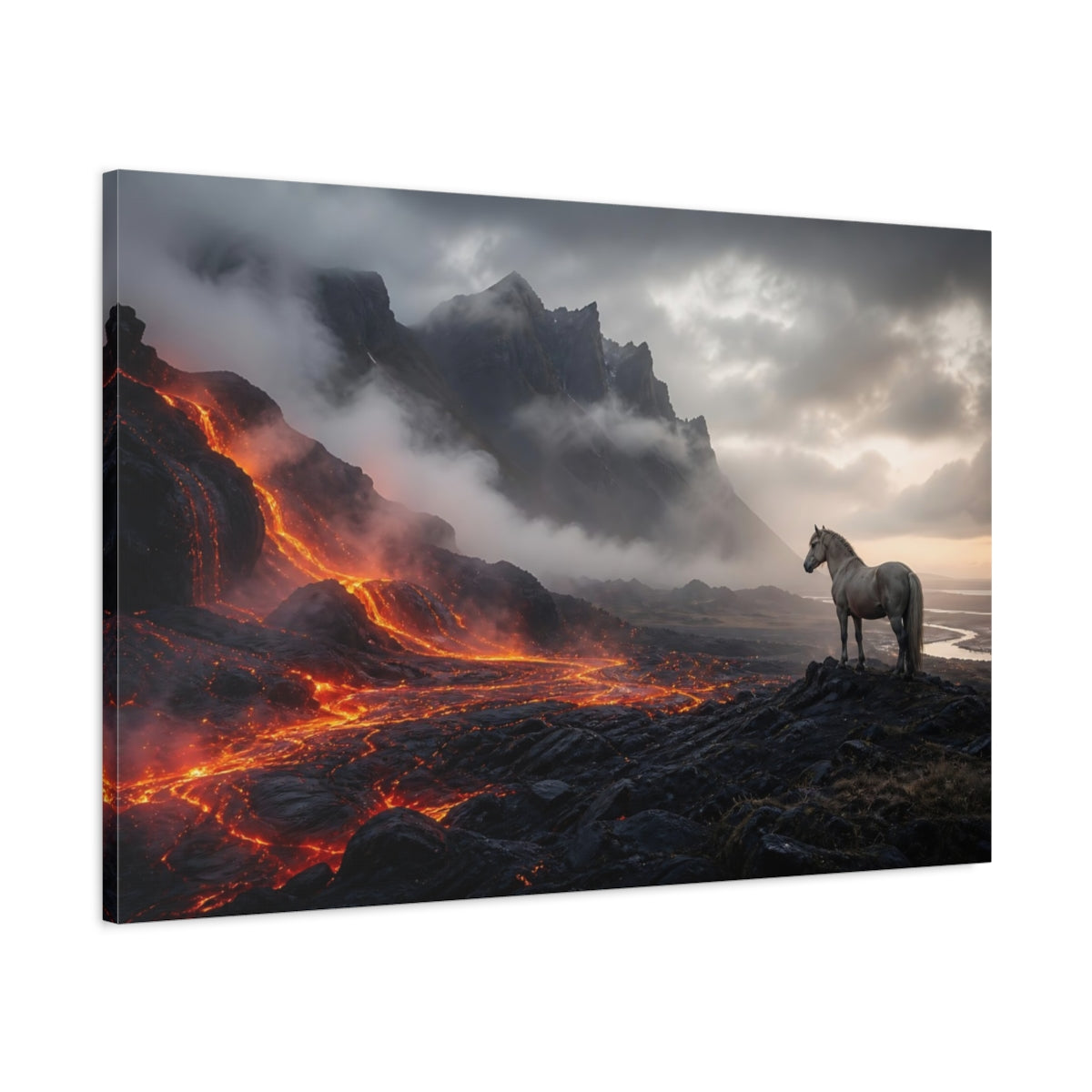 Main Mockup. Nature Horse, Lava Orange And Gray shown as stretched canvas wall art
