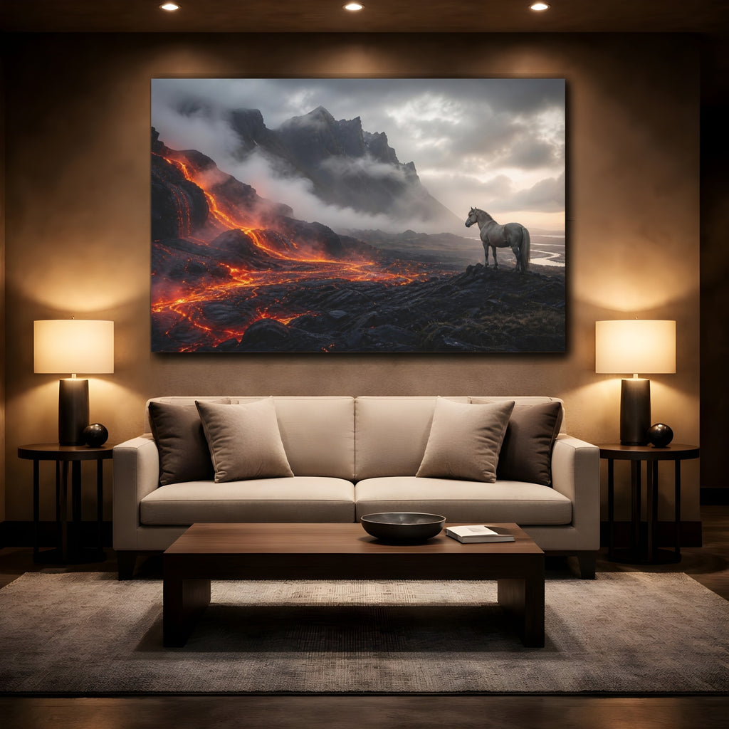 Mockup 2. Nature Horse, Lava Orange And Gray shown as stretched canvas wall art