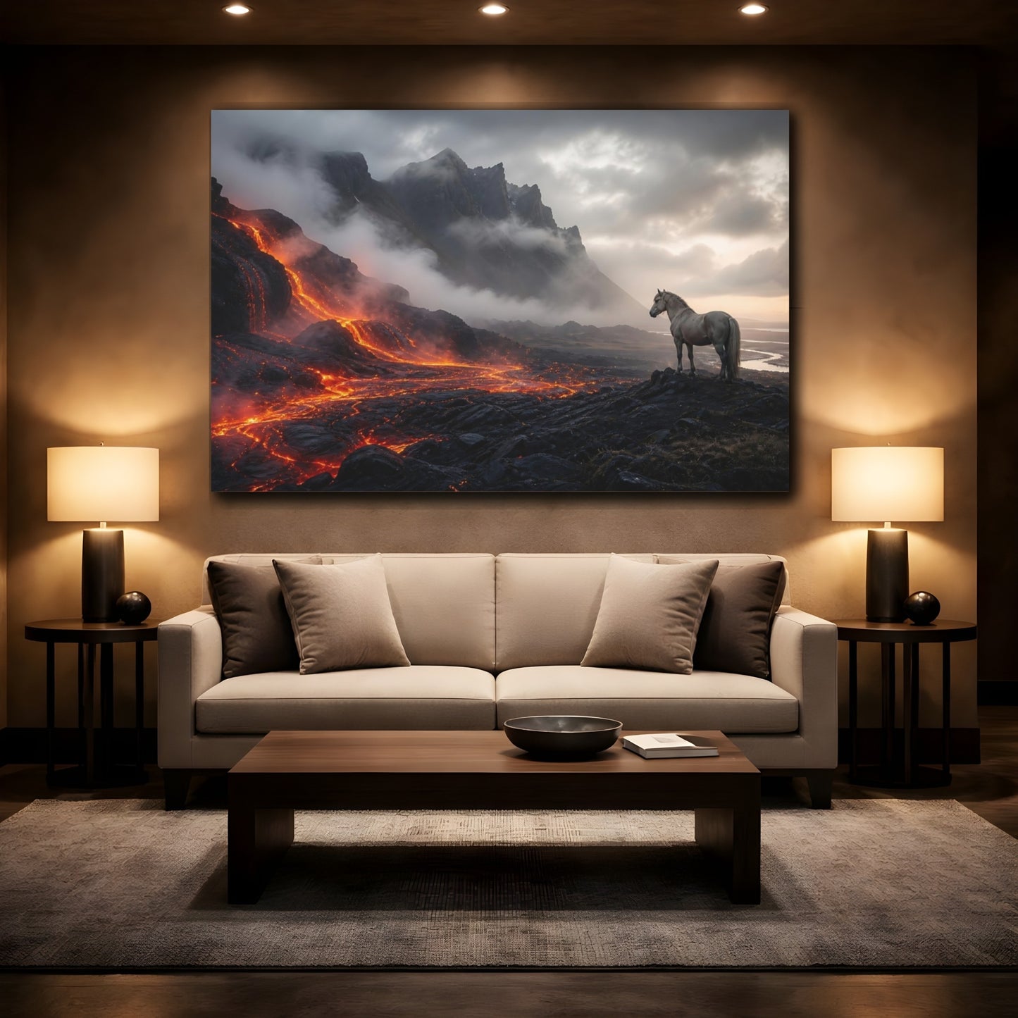 Mockup 2. Nature Horse, Lava Orange And Gray shown as stretched canvas wall art