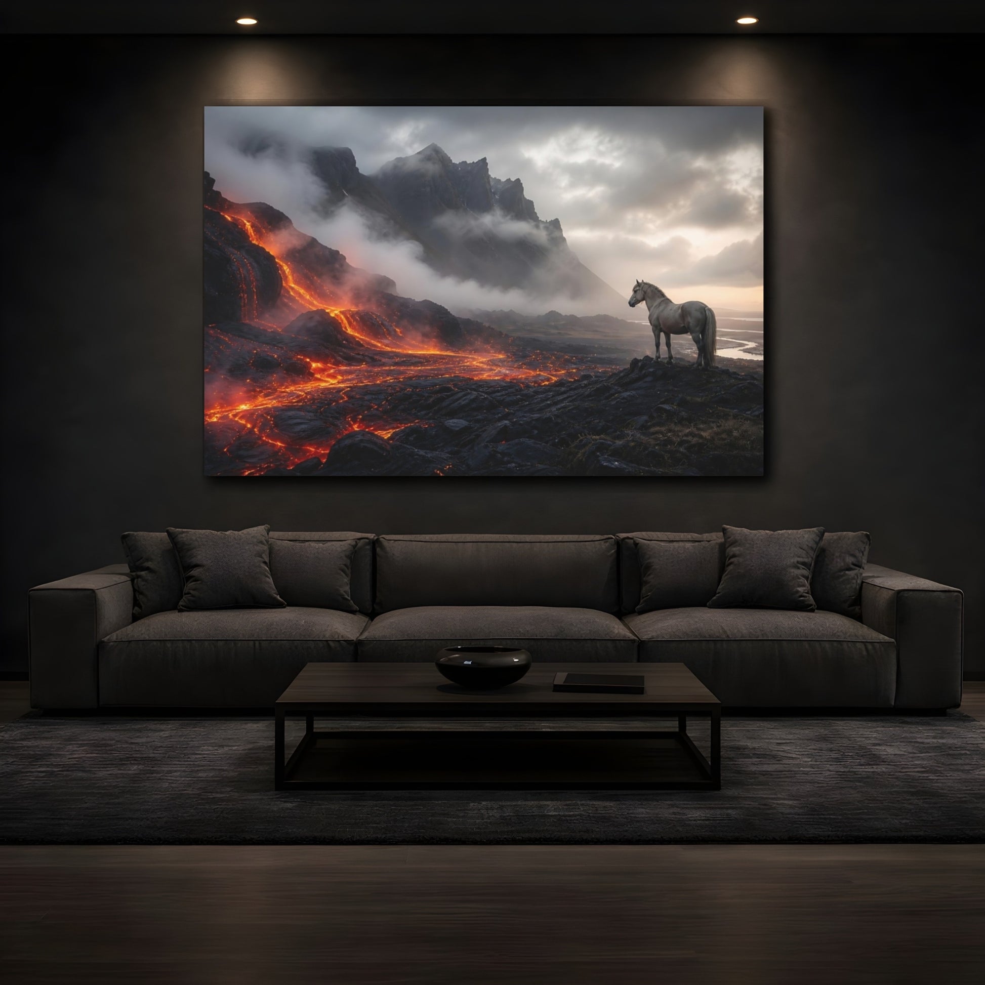 Mockup 3. Nature Horse, Lava Orange And Gray shown as stretched canvas wall art