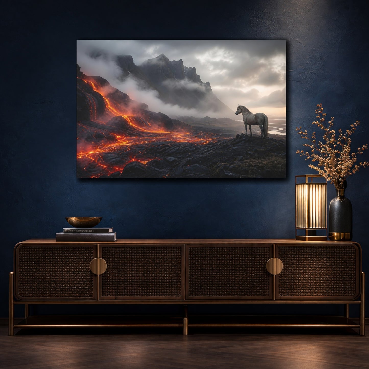 Mockup 4. Nature Horse, Lava Orange And Gray shown as stretched canvas wall art