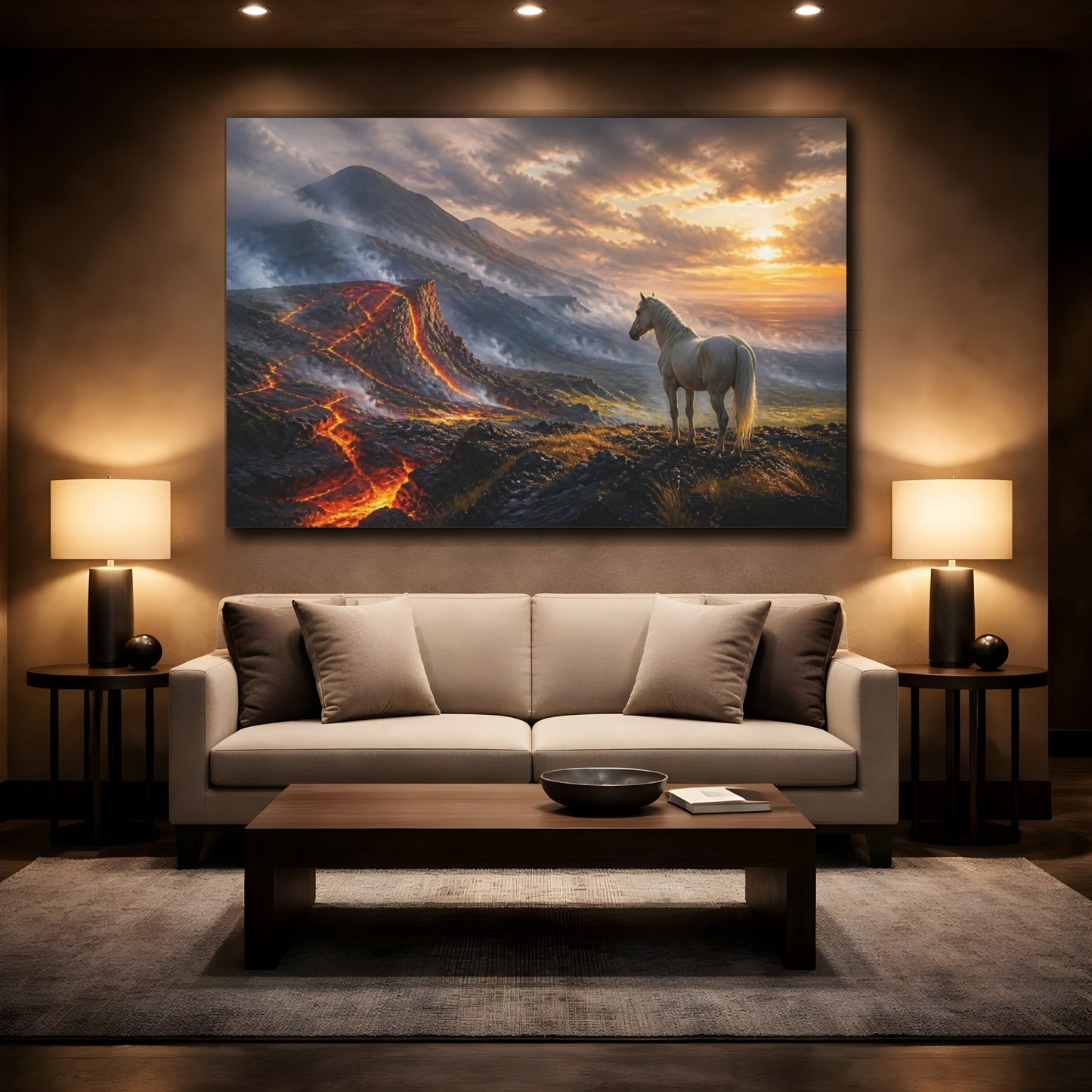 Mockup 2. Nature Horse, Volcano Orange And Black shown as stretched canvas wall art
