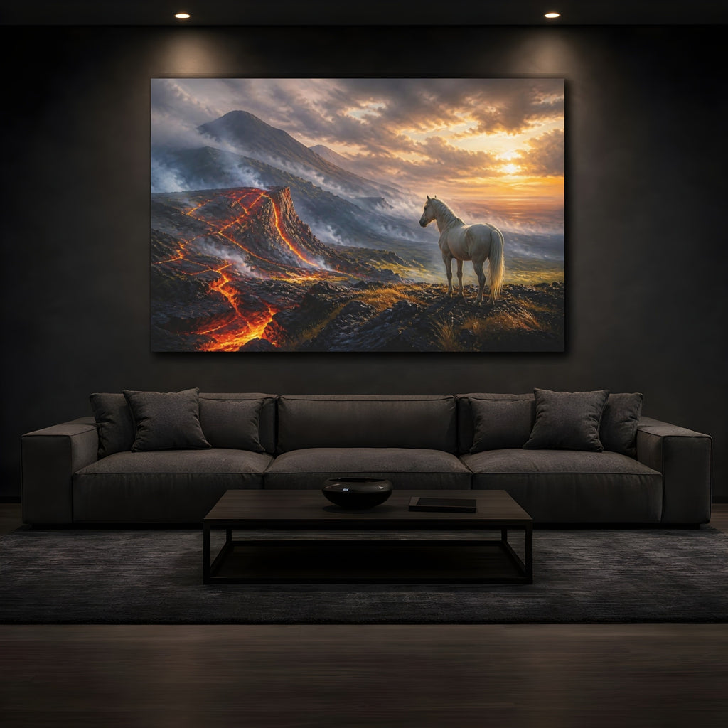 Mockup 3. Nature Horse, Volcano Orange And Black shown as stretched canvas wall art