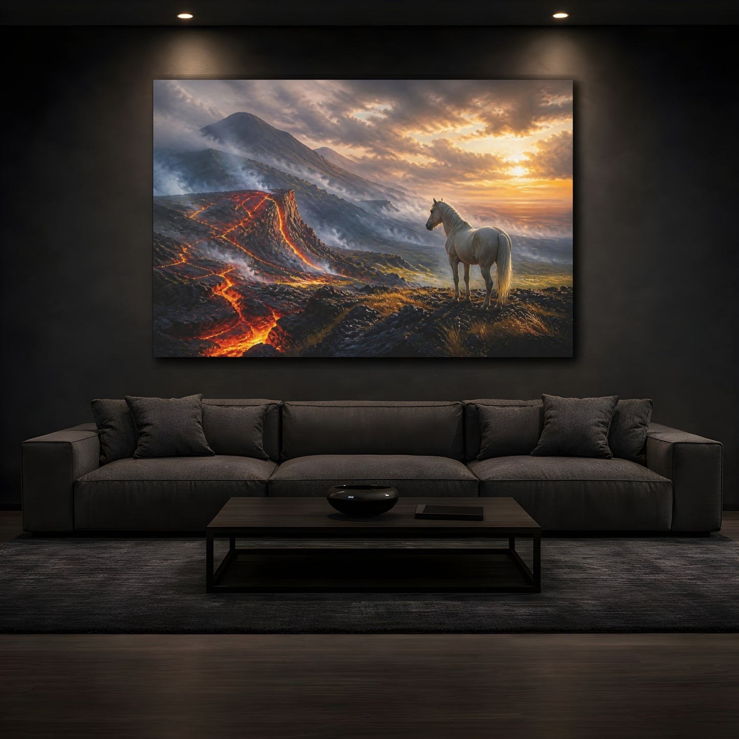 Mockup 3. Nature Horse, Volcano Orange And Black shown as stretched canvas wall art