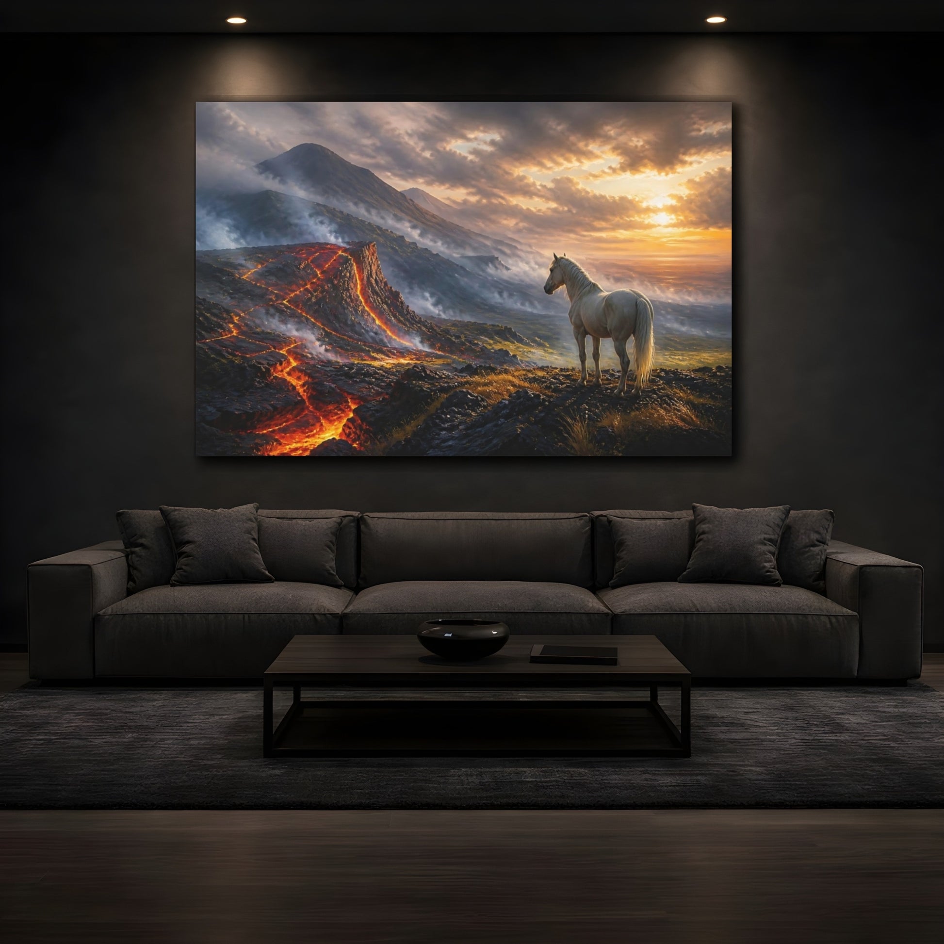 Mockup 3. Nature Horse, Volcano Orange And Black shown as stretched canvas wall art