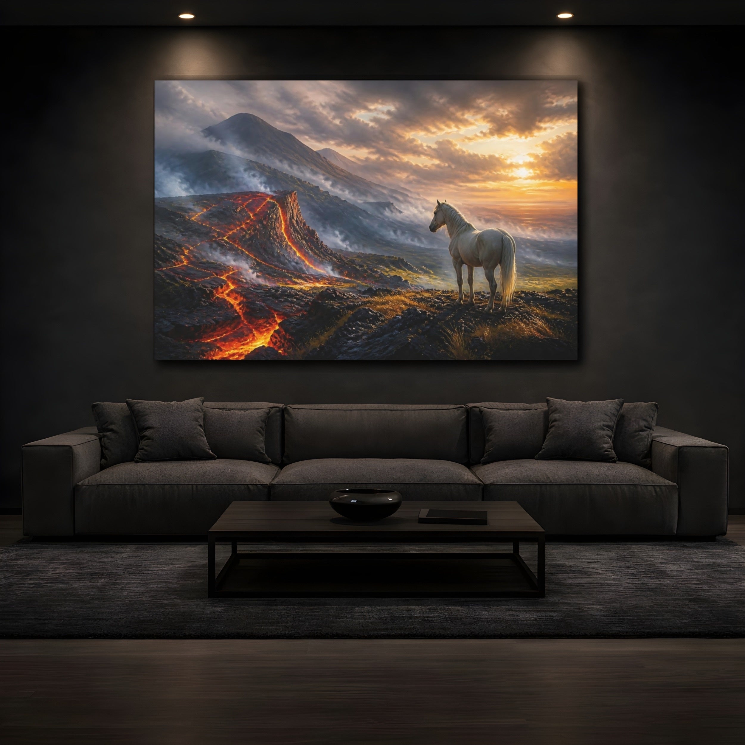 Mockup 3. Nature Horse, Volcano Orange And Black shown as stretched canvas wall art