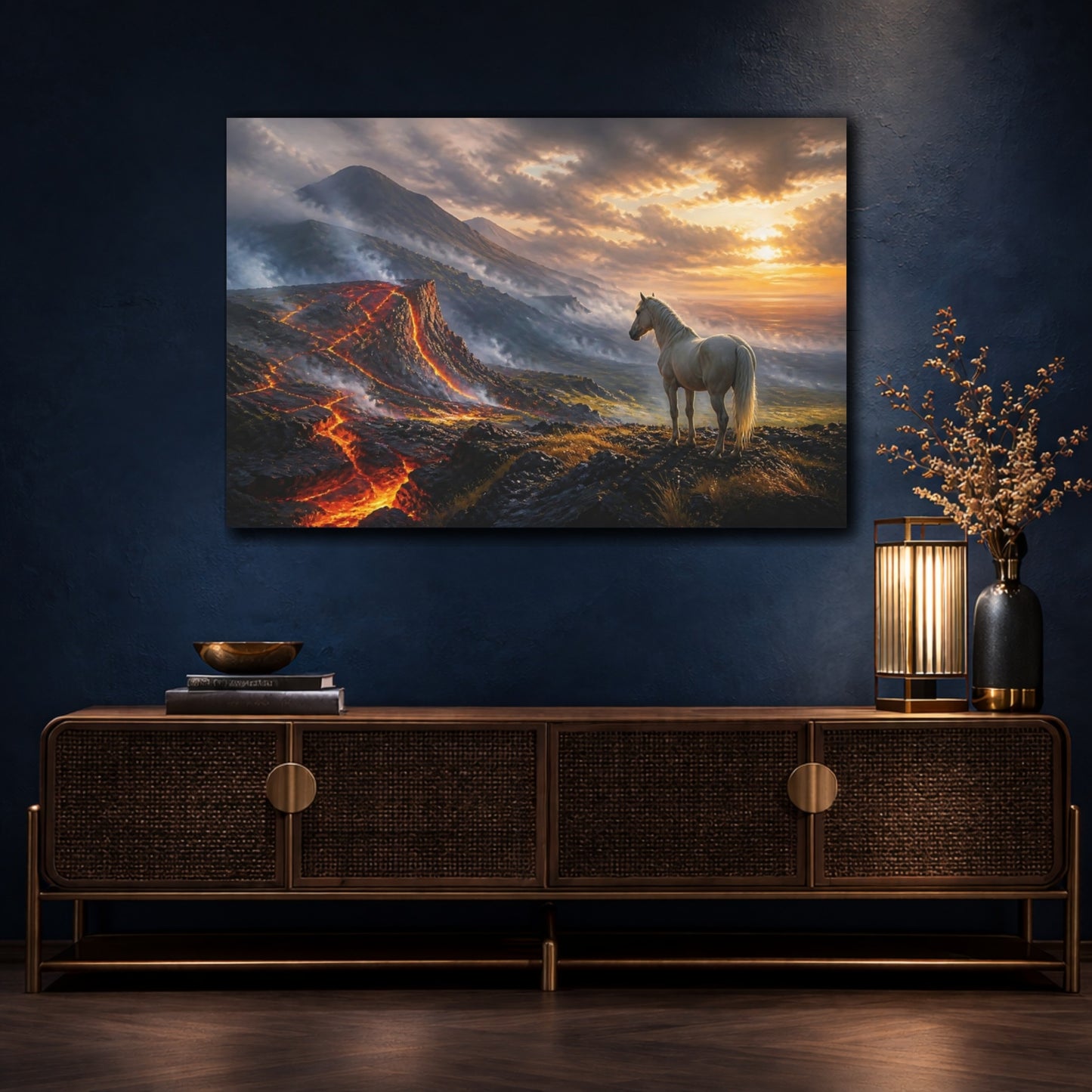 Mockup 4. Nature Horse, Volcano Orange And Black shown as stretched canvas wall art