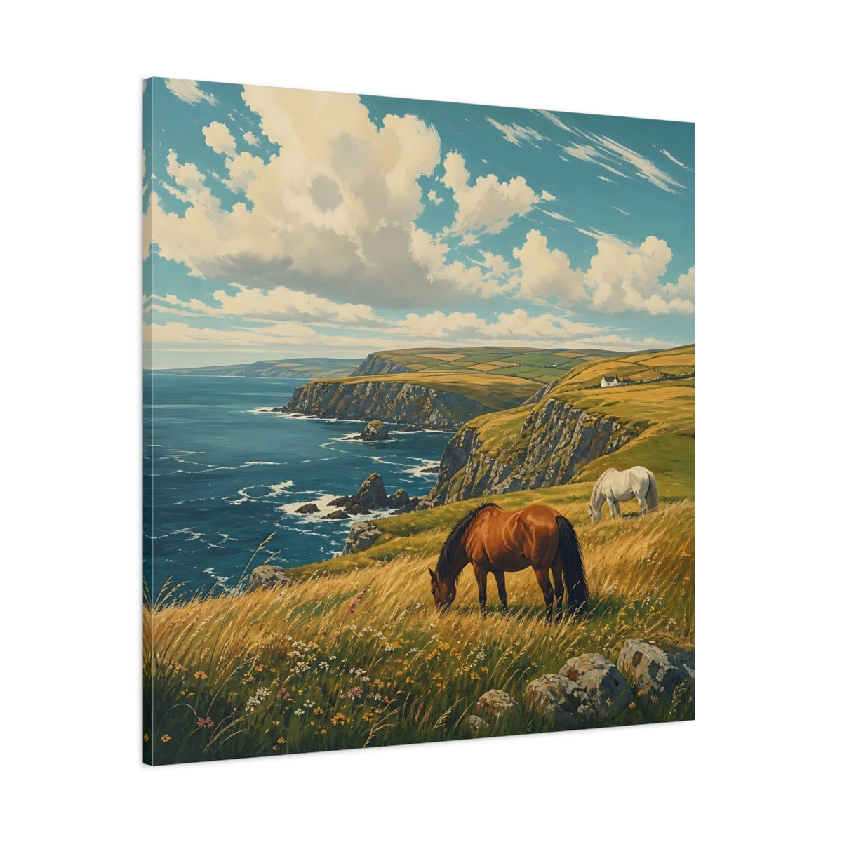 Side Mockup 1. Nature Horses Horses Coastal Landscape shown as stretched canvas wall art