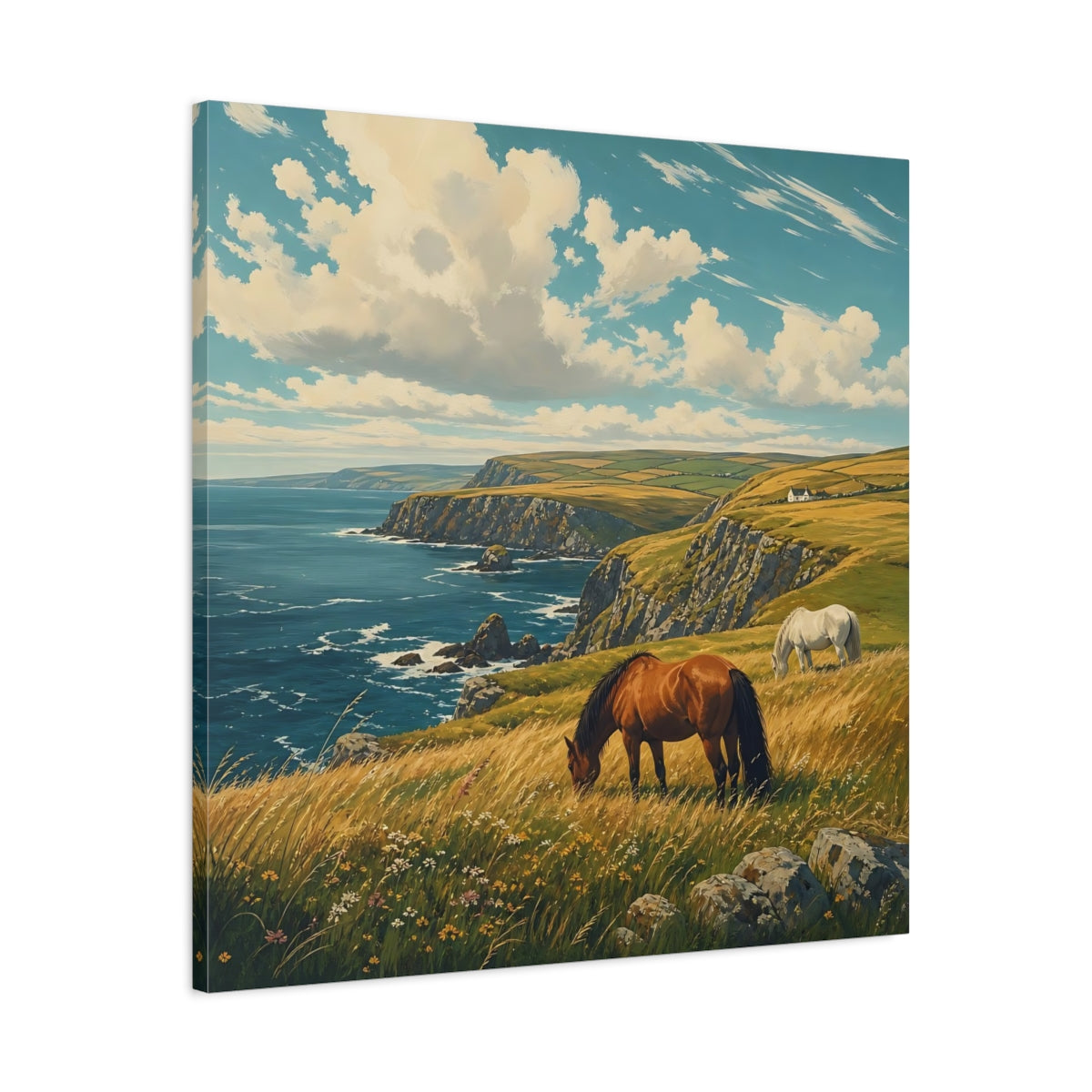 Side Mockup 3. Nature Horses Horses Coastal Landscape shown as stretched canvas wall art