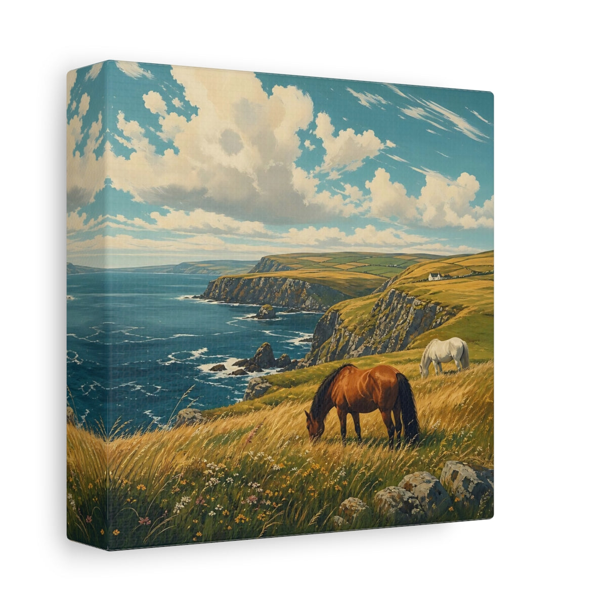 Side Mockup 2. Nature Horses Horses Coastal Landscape shown as stretched canvas wall art