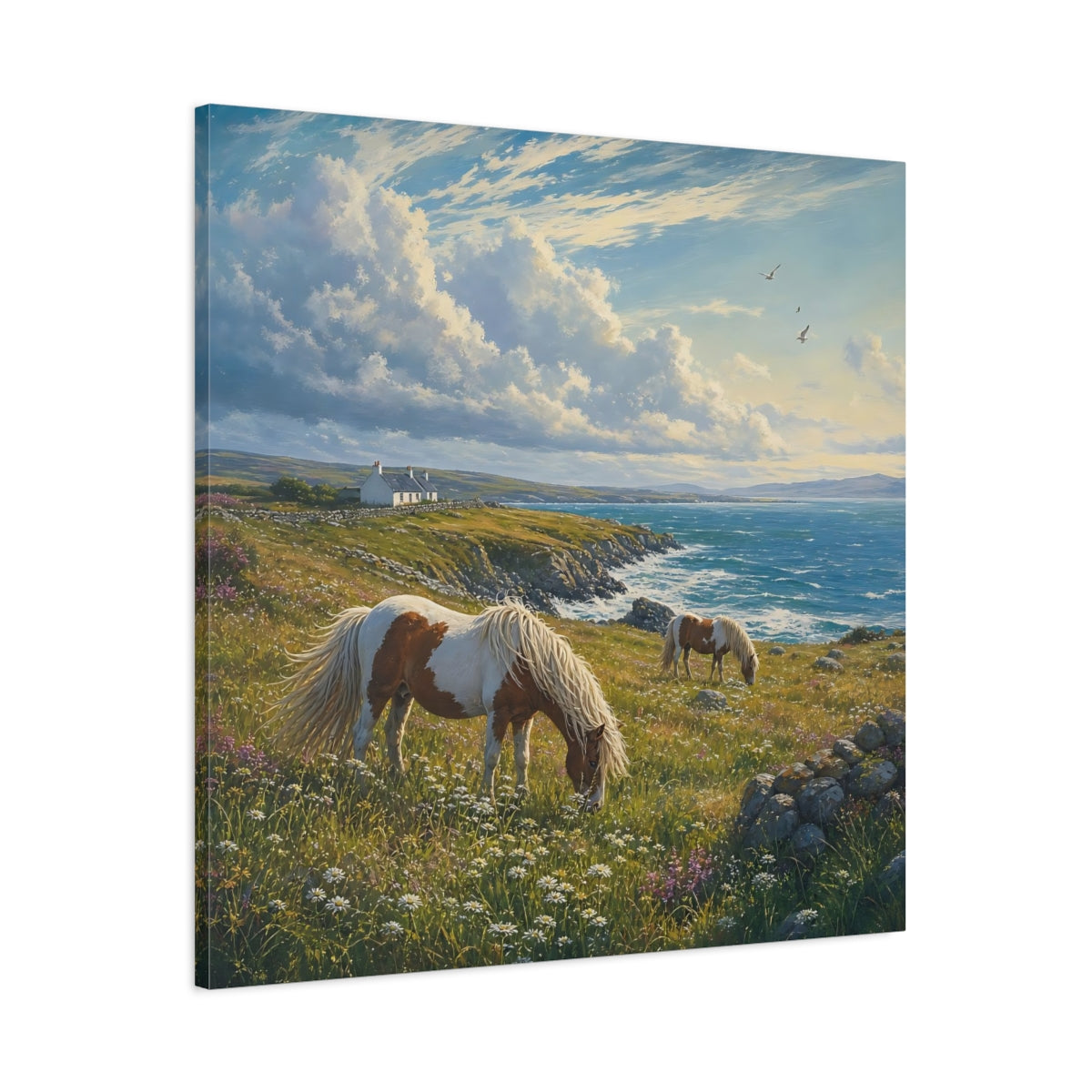 Main Mockup. Nature Horses Green And Blue Landscape shown as stretched canvas wall art