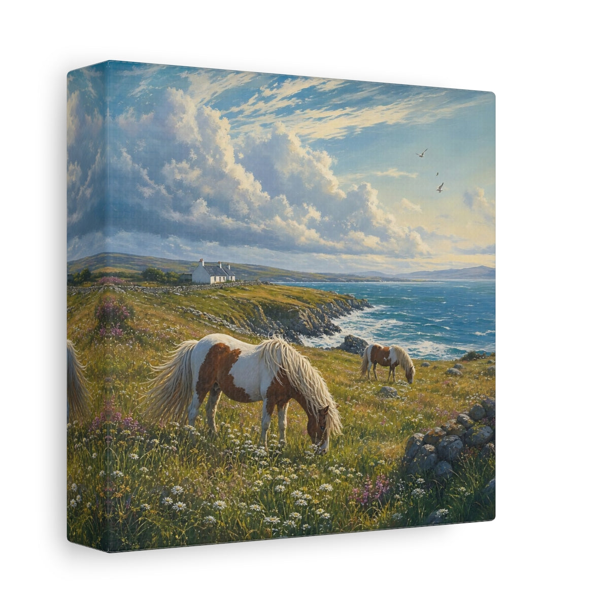 Side Mockup 2. Nature Horses Green And Blue Landscape shown as stretched canvas wall art