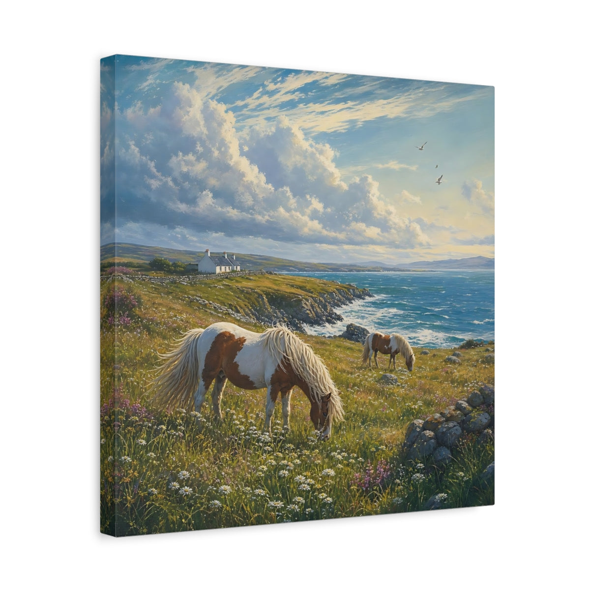 Side Mockup 6. Nature Horses Green And Blue Landscape shown as stretched canvas wall art