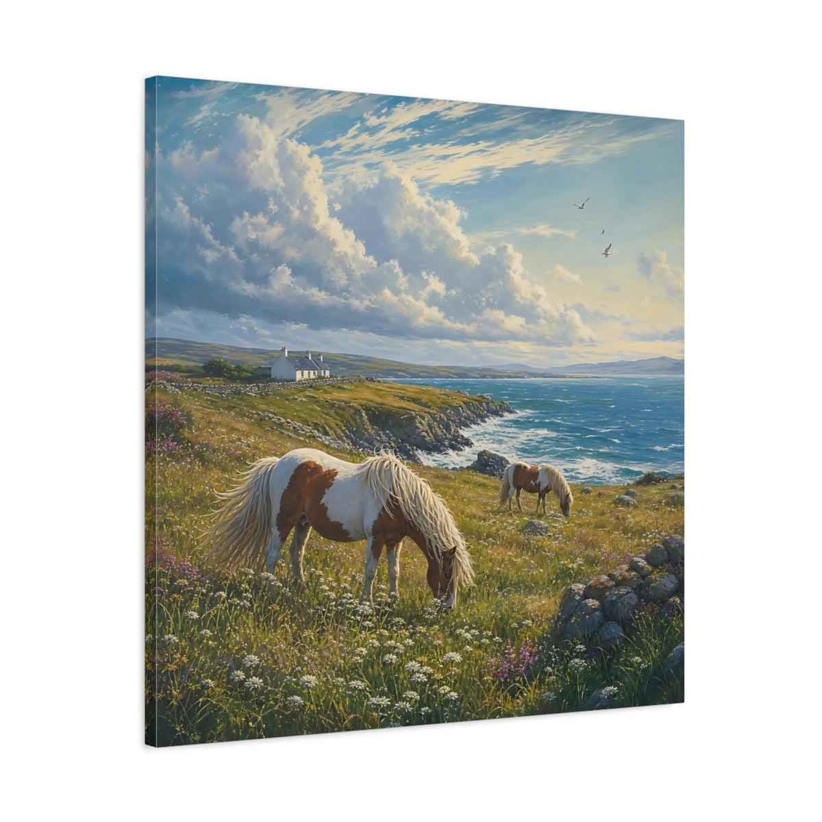 Side Mockup 3. Nature Horses Green And Blue Landscape shown as stretched canvas wall art