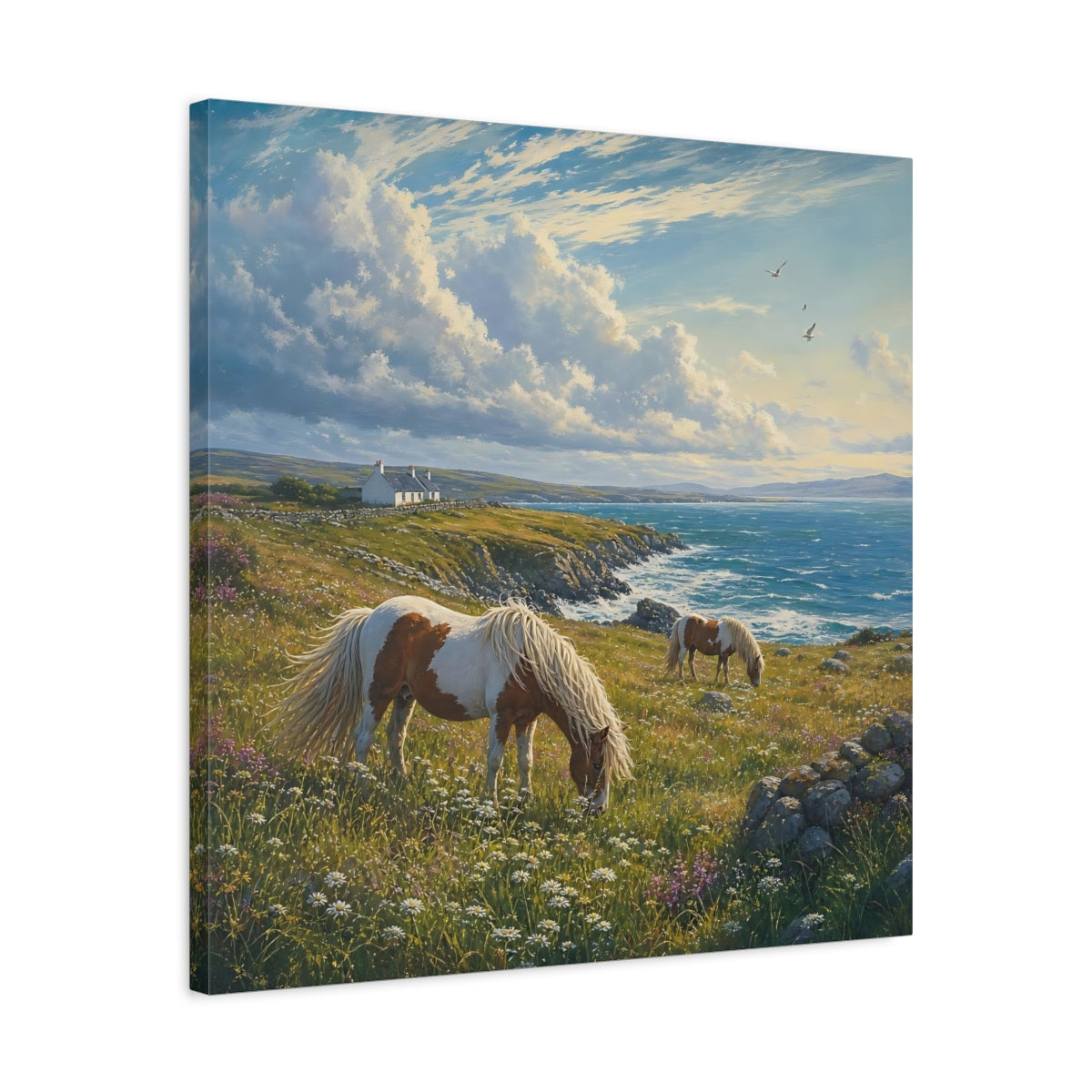 Side Mockup 4. Nature Horses Green And Blue Landscape shown as stretched canvas wall art