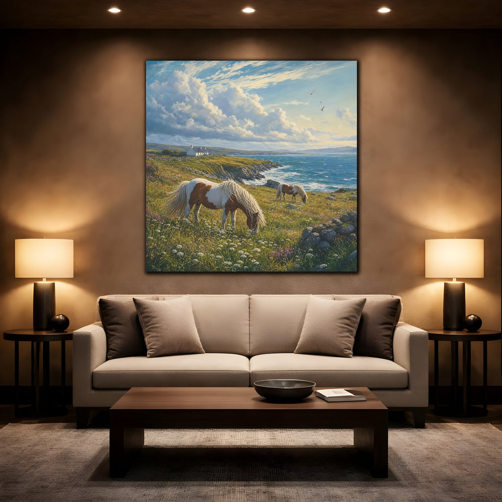 Mockup 2. Nature Horses Green And Blue Landscape shown as stretched canvas wall art