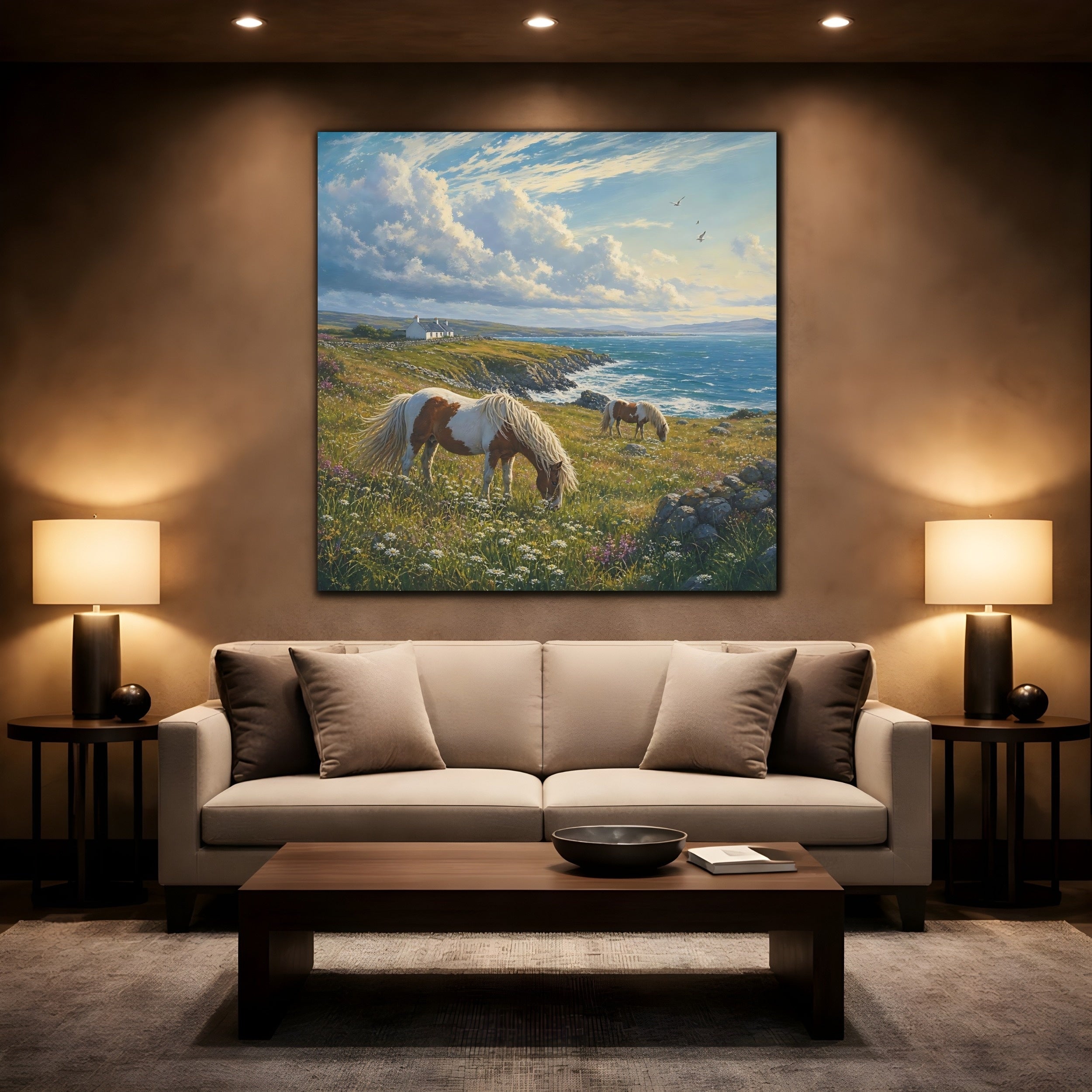 Mockup 2. Nature Horses Green And Blue Landscape shown as stretched canvas wall art