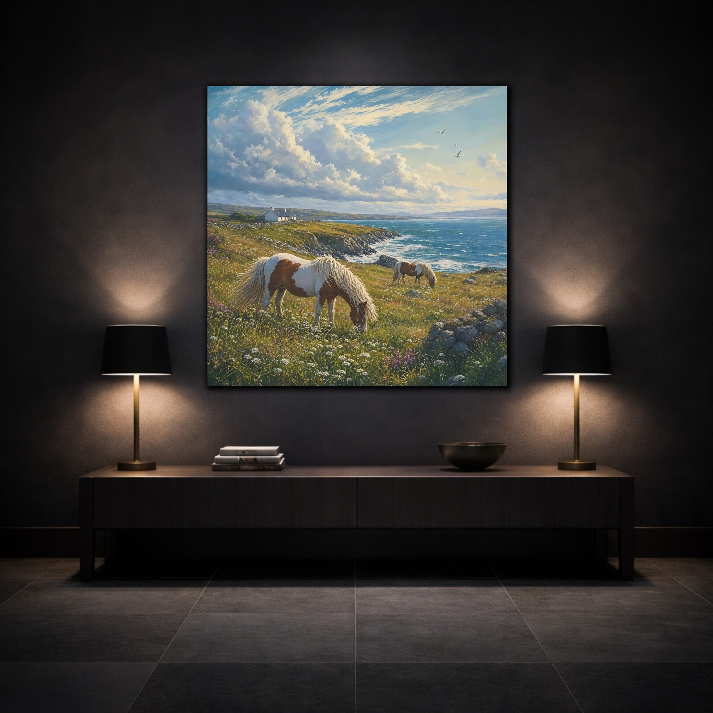 Mockup 3. Nature Horses Green And Blue Landscape shown as stretched canvas wall art