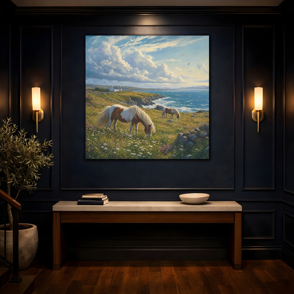 Mockup 4. Nature Horses Green And Blue Landscape shown as stretched canvas wall art