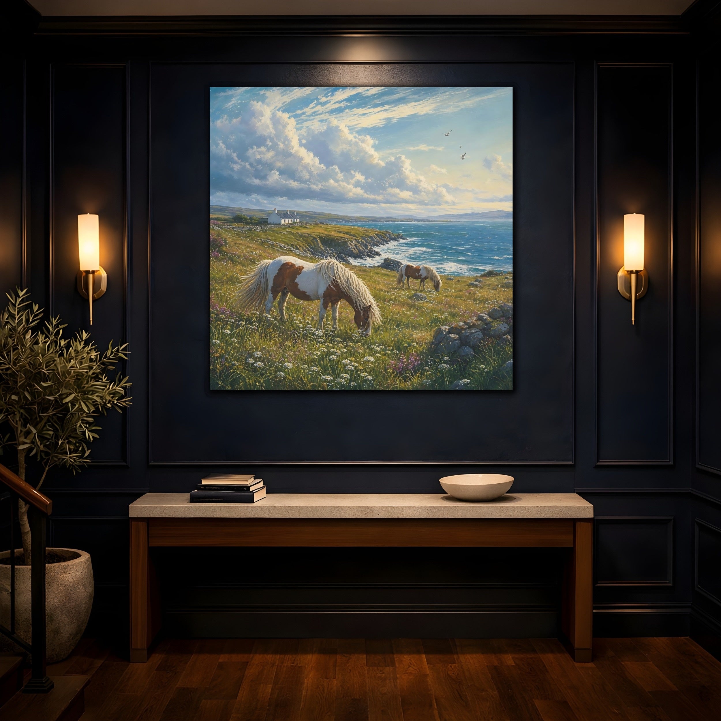 Mockup 4. Nature Horses Green And Blue Landscape shown as stretched canvas wall art