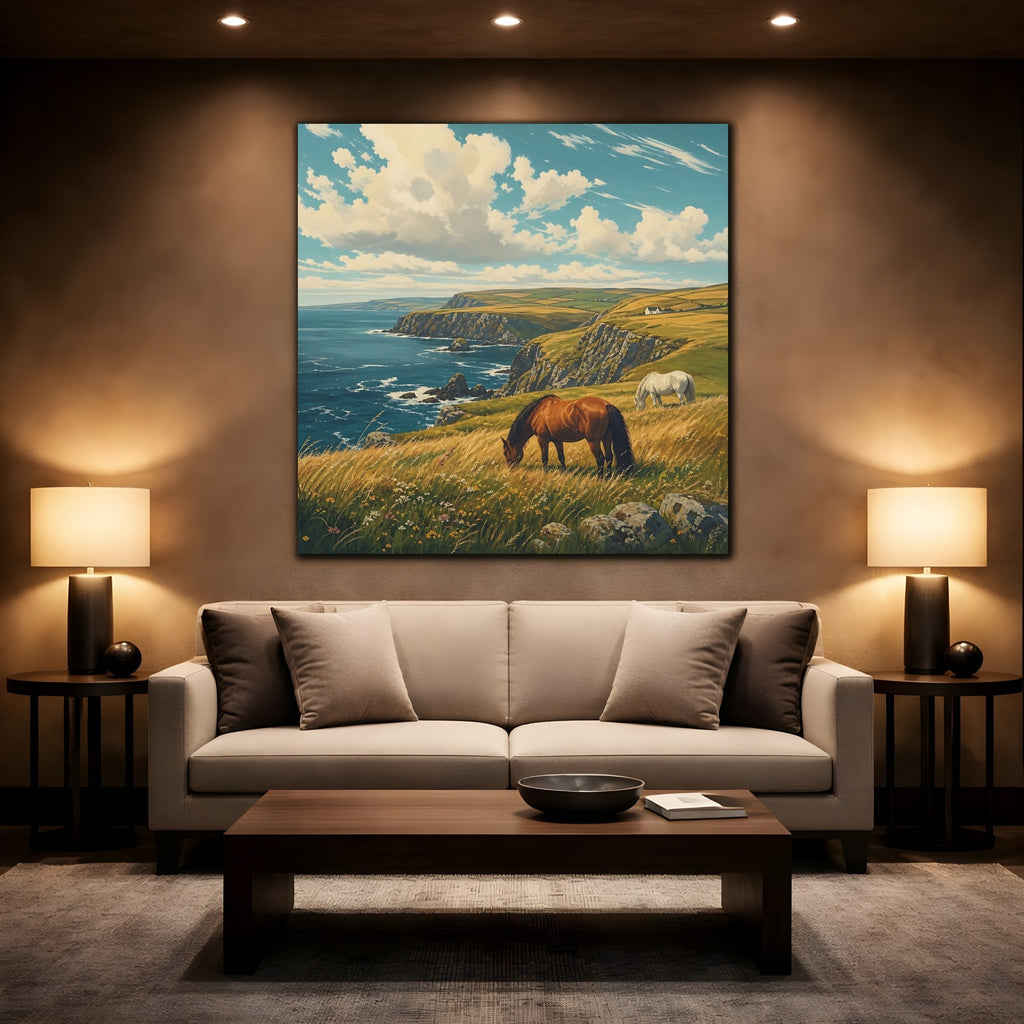 Mockup 2. Nature Horses Horses Coastal Landscape shown as stretched canvas wall art