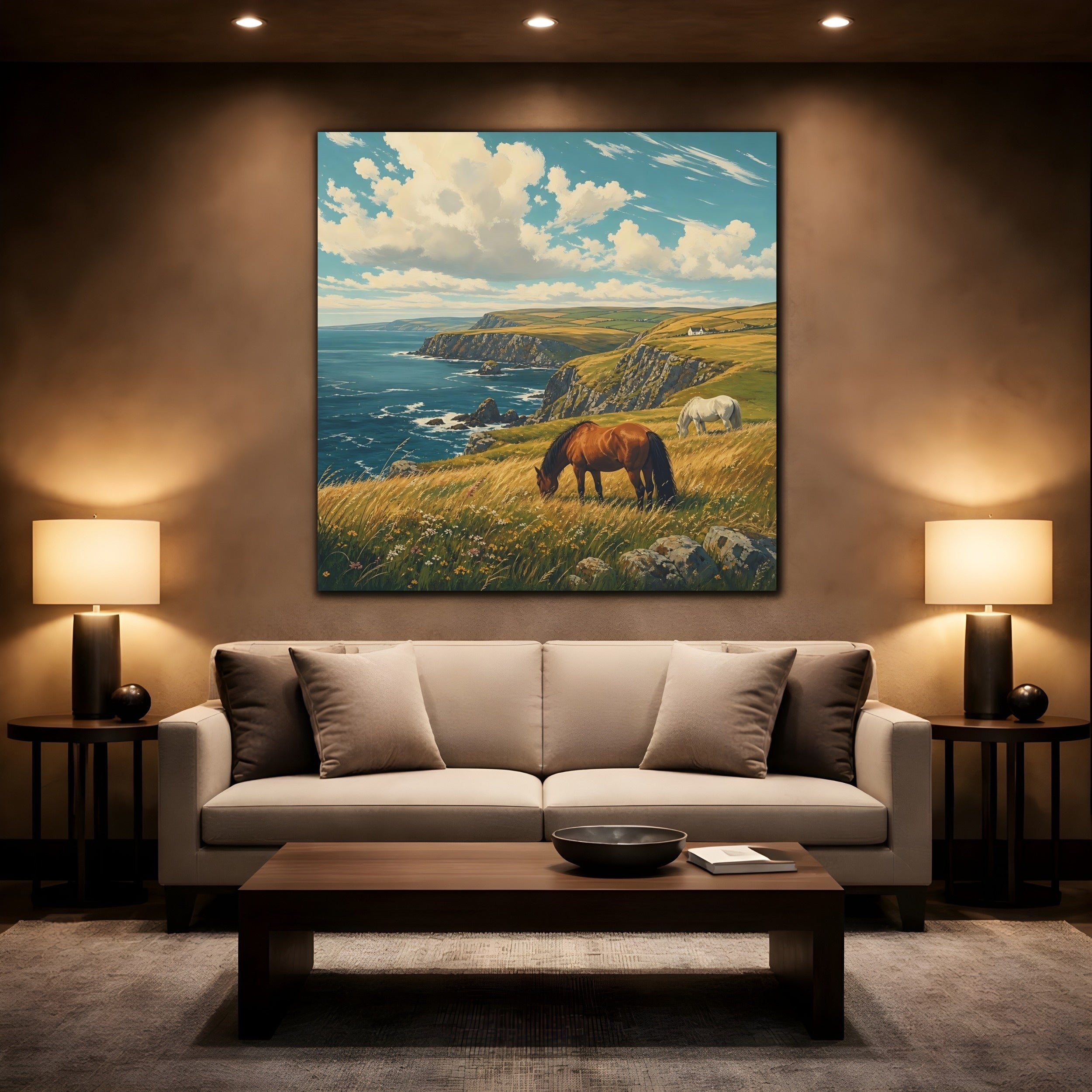 Mockup 2. Nature Horses Horses Coastal Landscape shown as stretched canvas wall art