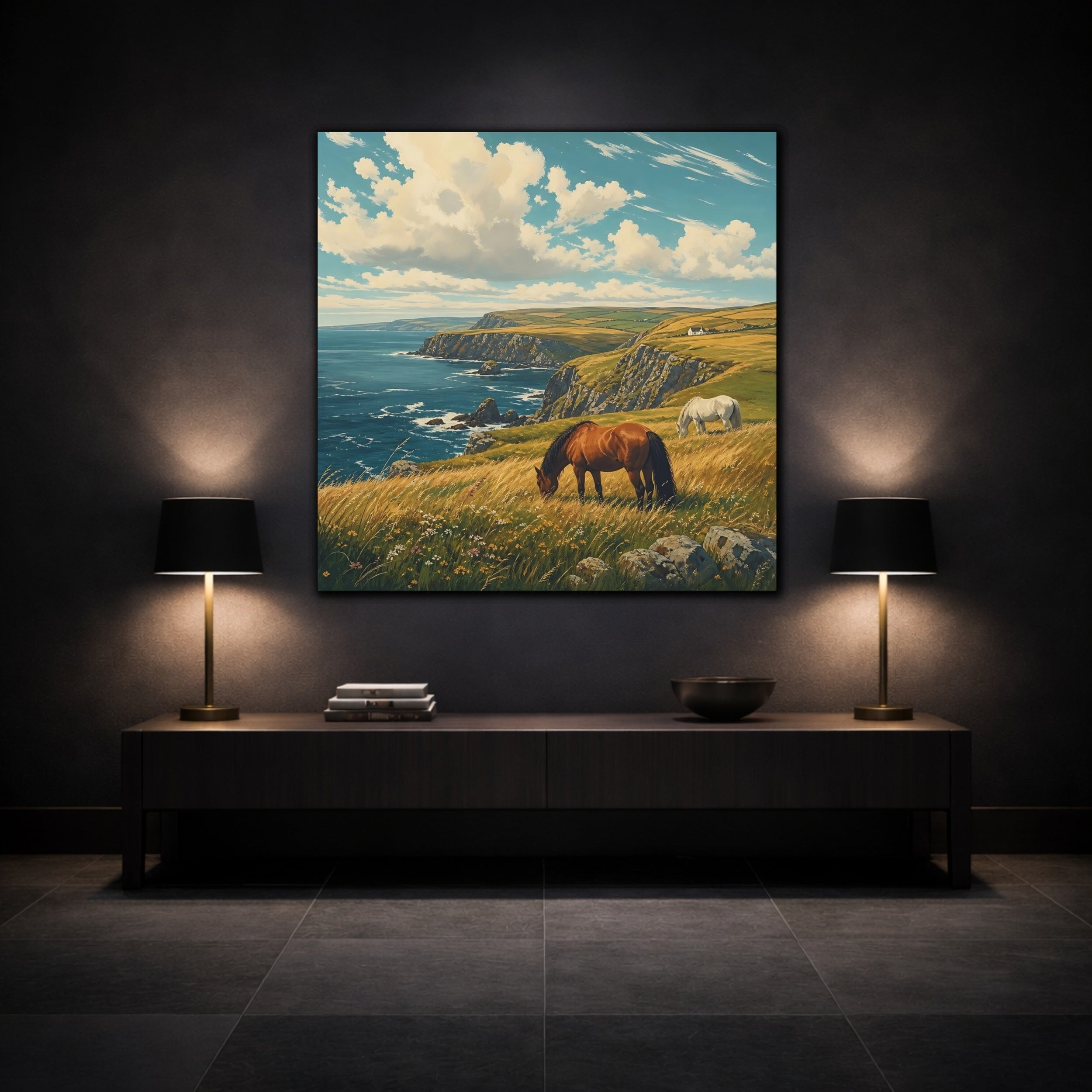 Mockup 3. Nature Horses Horses Coastal Landscape shown as stretched canvas wall art