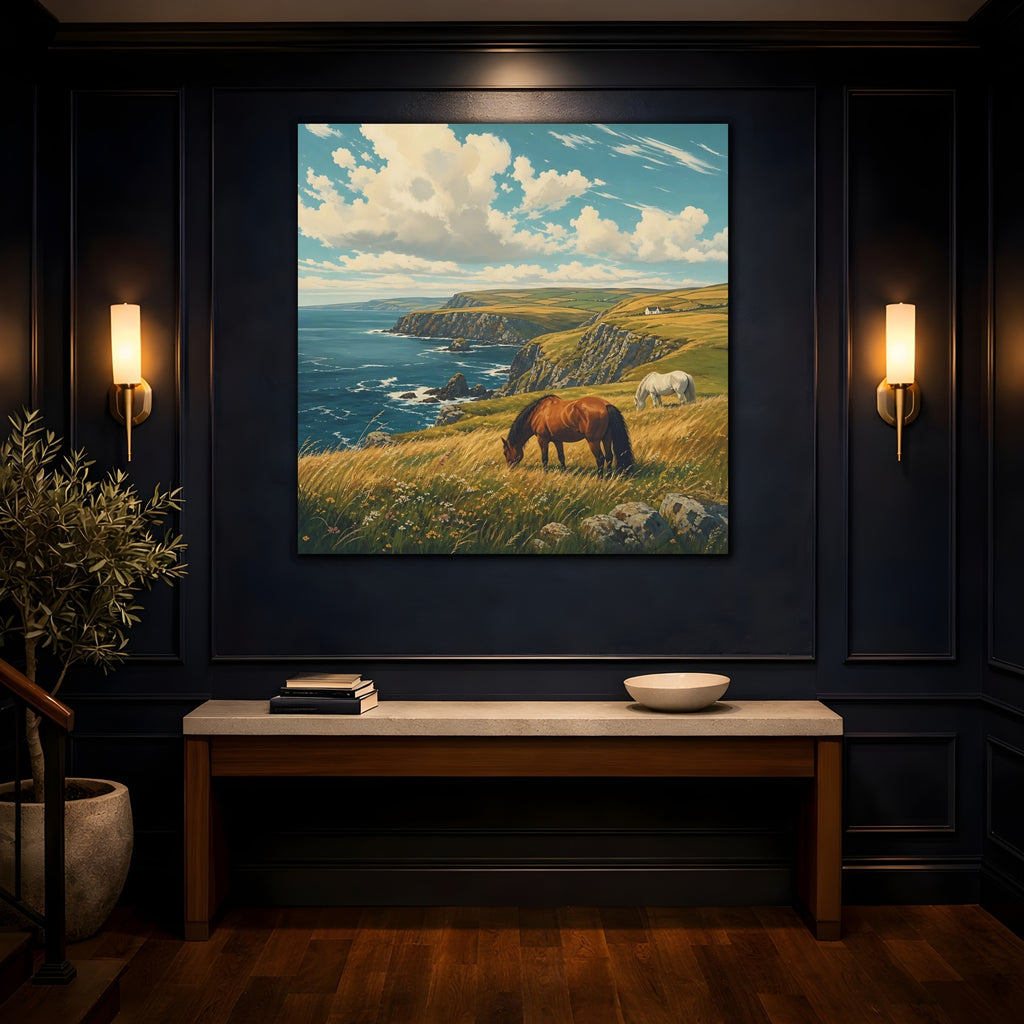 Mockup 4. Nature Horses Horses Coastal Landscape shown as stretched canvas wall art