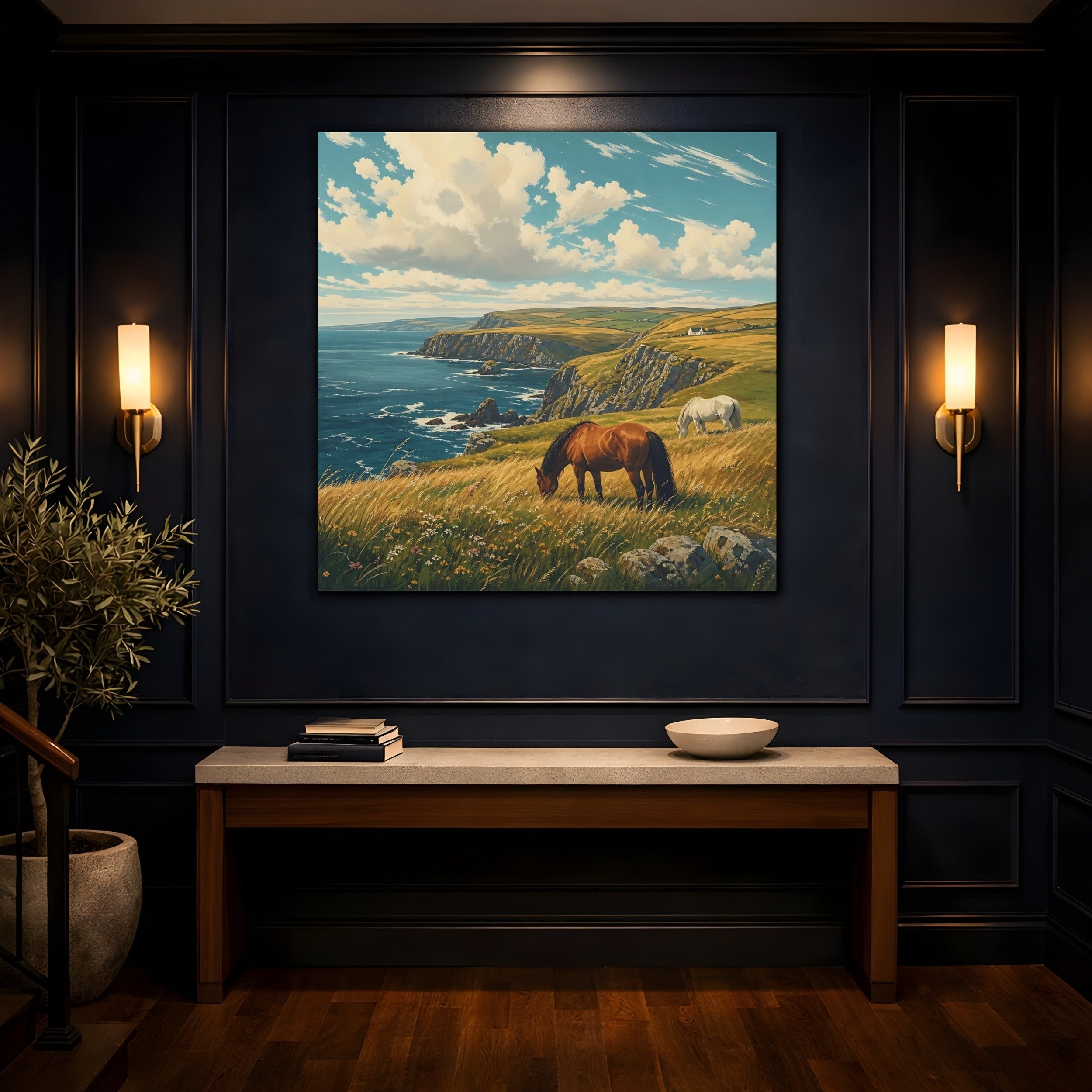 Mockup 4. Nature Horses Horses Coastal Landscape shown as stretched canvas wall art