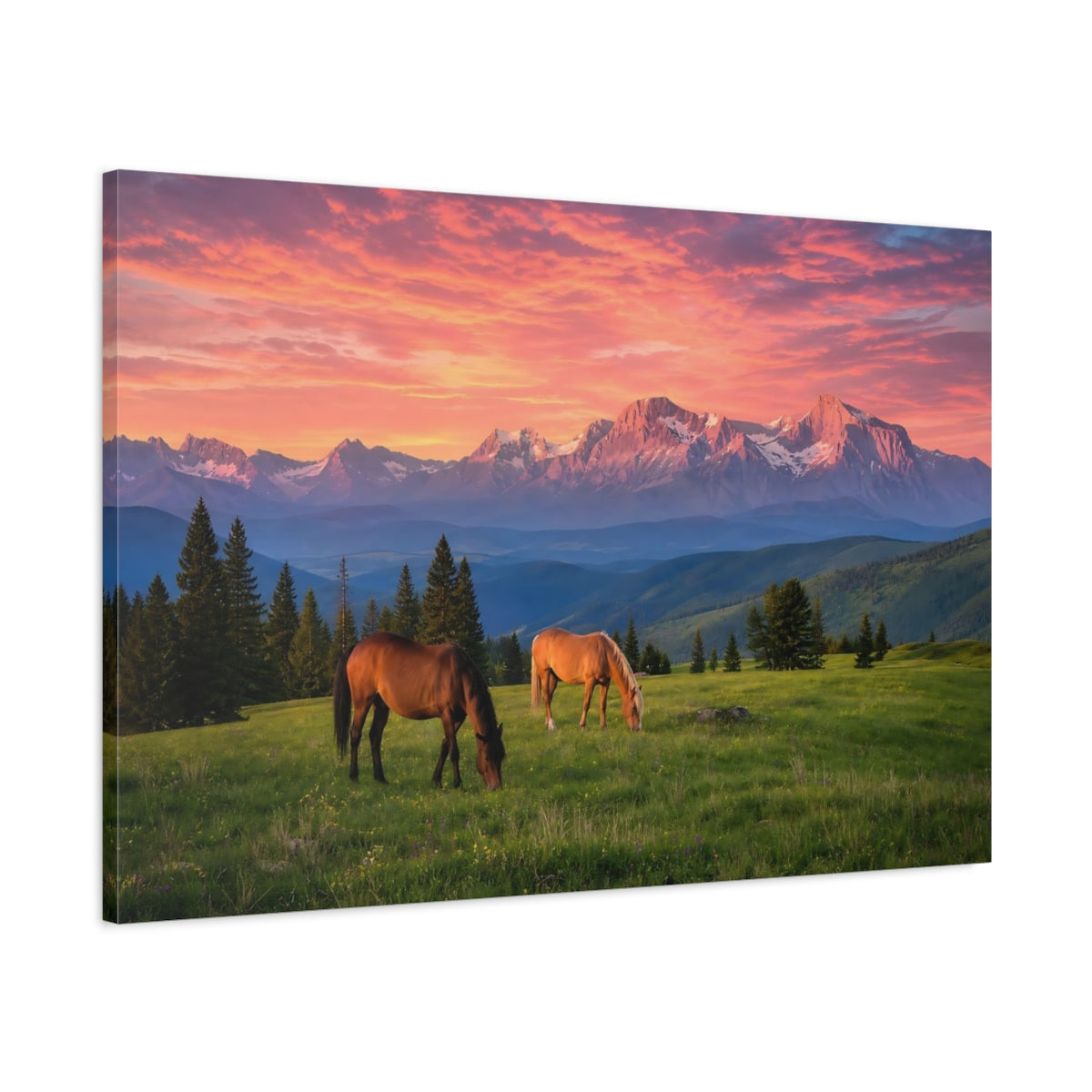 Main Mockup. Nature Horses Mountain Sunset shown as stretched canvas wall art